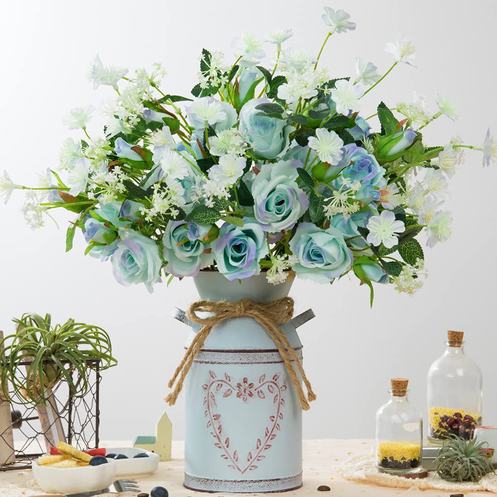 LESING Artificial Silk Rose Flowers in Vintage Vase - Fake Rose Bulk with Decorative Metal Vase for Dining Table, Rustic Farmhouse Home Decor (Blue) - Perfect for Wedding Centerpieces, Table Decorations & Living Room Accents
