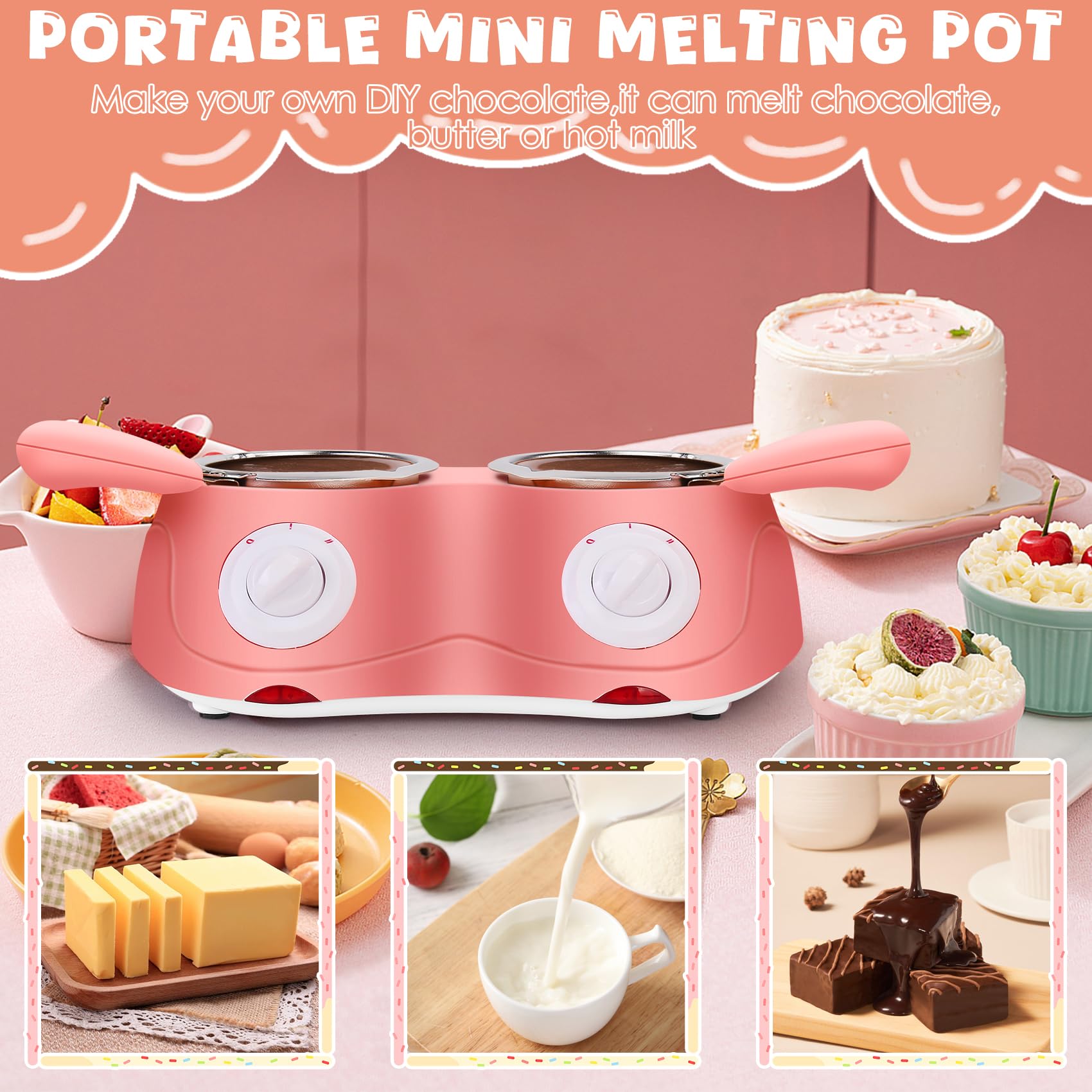 Electric Chocolate Fondue Pot Set - Double Melting Pot for Milk Chocolate, Cheese & Candy - Mini Chocolate Melter for Parties, Valentine's Day & Family Gatherings