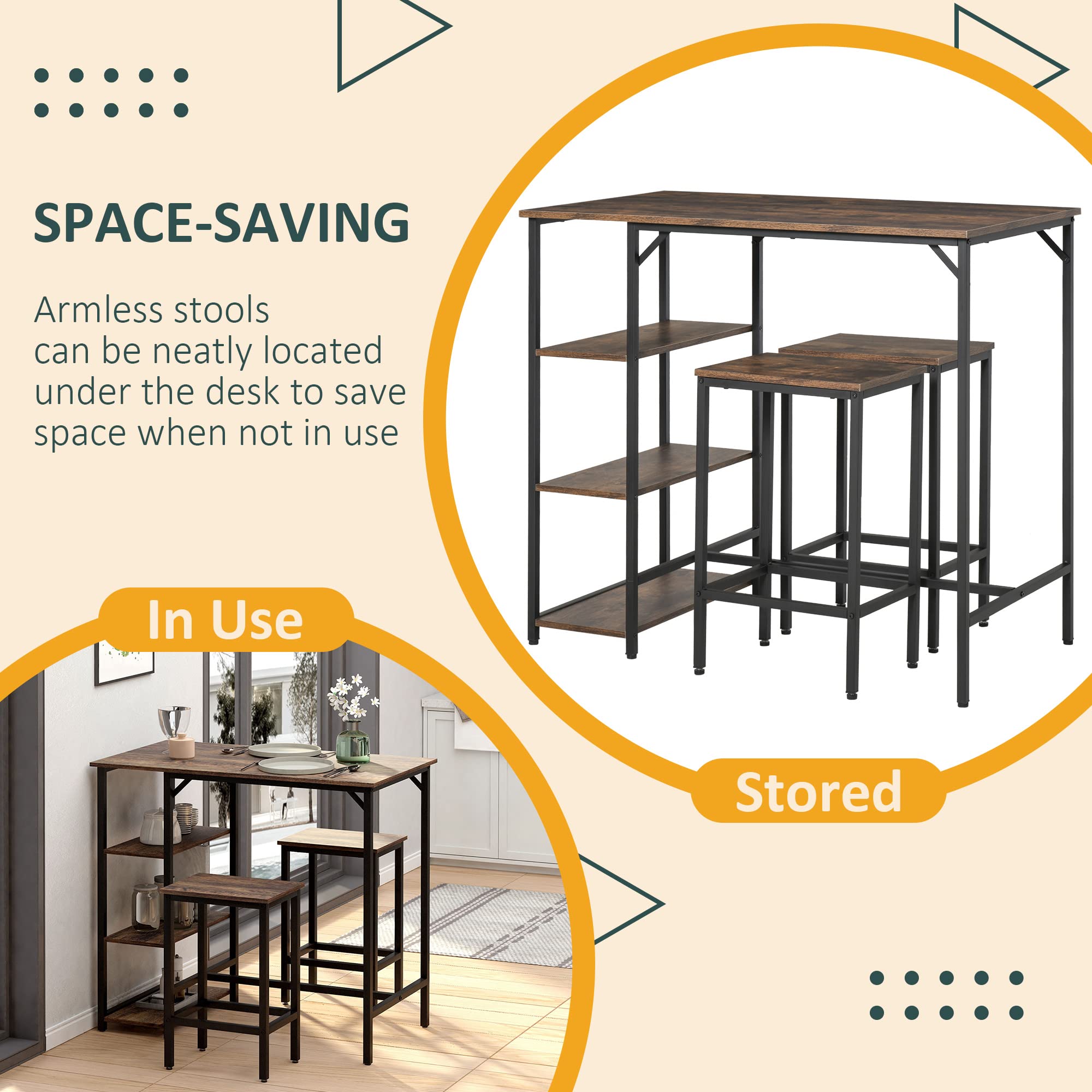 HOMCOM Industrial 3-Piece Counter Height Dining Set - Rustic Brown Bar Table with 2 Stools & Storage Shelf for Kitchen, Bistro, or Small Space