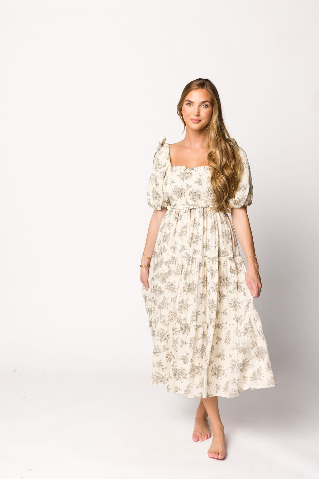 Elena Floral Toile Print Smocked Maternity Midi Dress in Ivory - Bump Friendly Summer Dress for Baby Shower, Brunch & Special Occasions