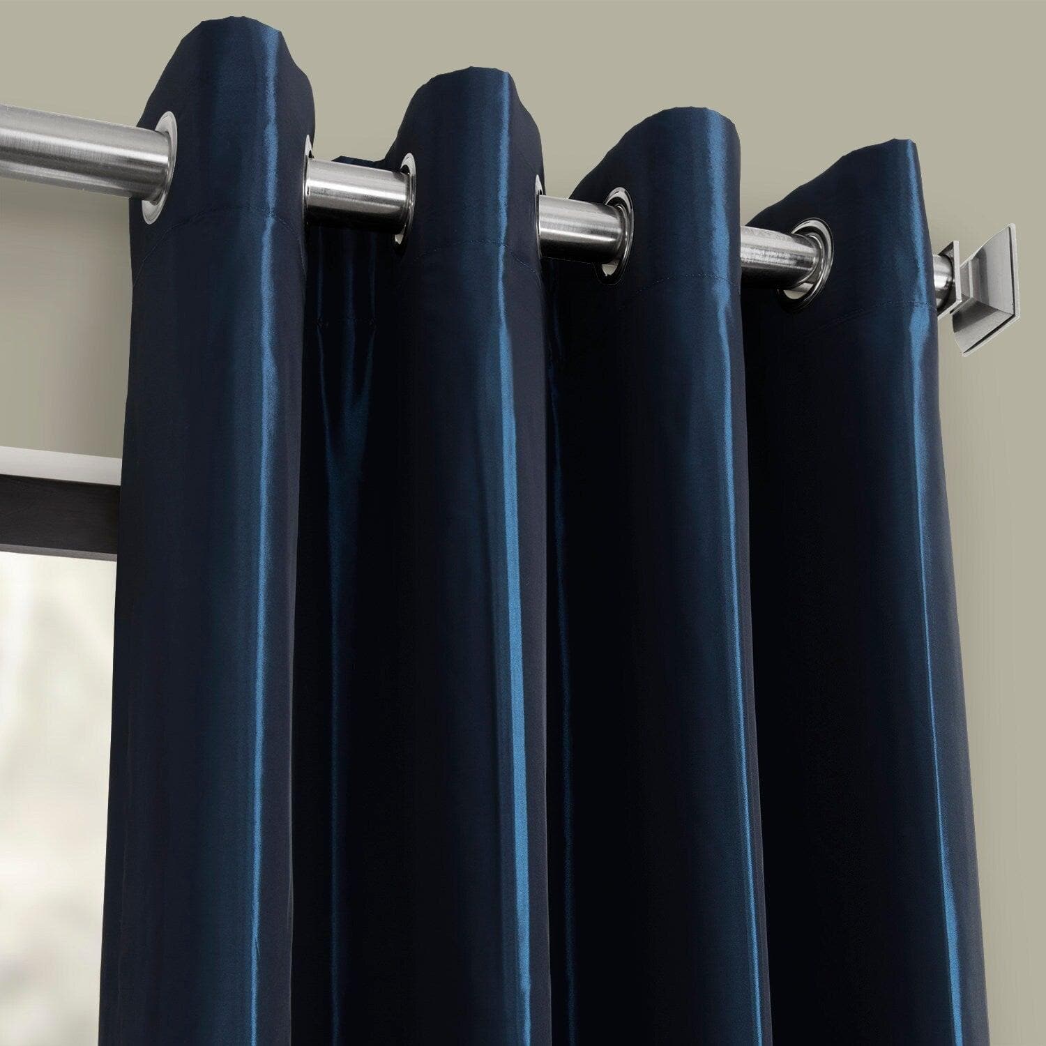 Navy Blue Grommet Faux Silk Taffeta Blackout Curtains for Bedroom & Living Room - Light Blocking, Noise Reducing Window Drapes for Home Decor