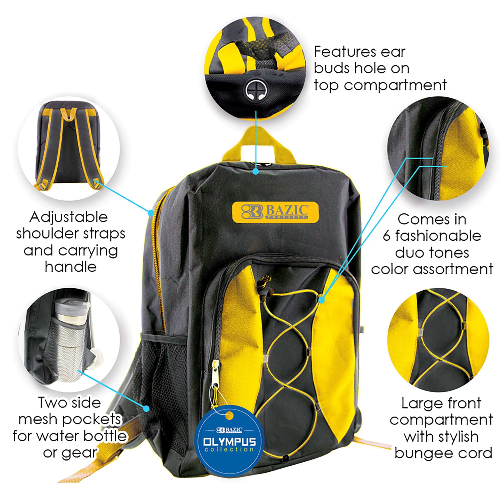 BAZIC 17 Inch Lightweight School Backpack with Padded Back & Adjustable Straps - 6 Pack Multi-Colored Backpacks for Students, USB Charging Port & Headphone Jack - Perfect for School, College, Travel & Daily Commute