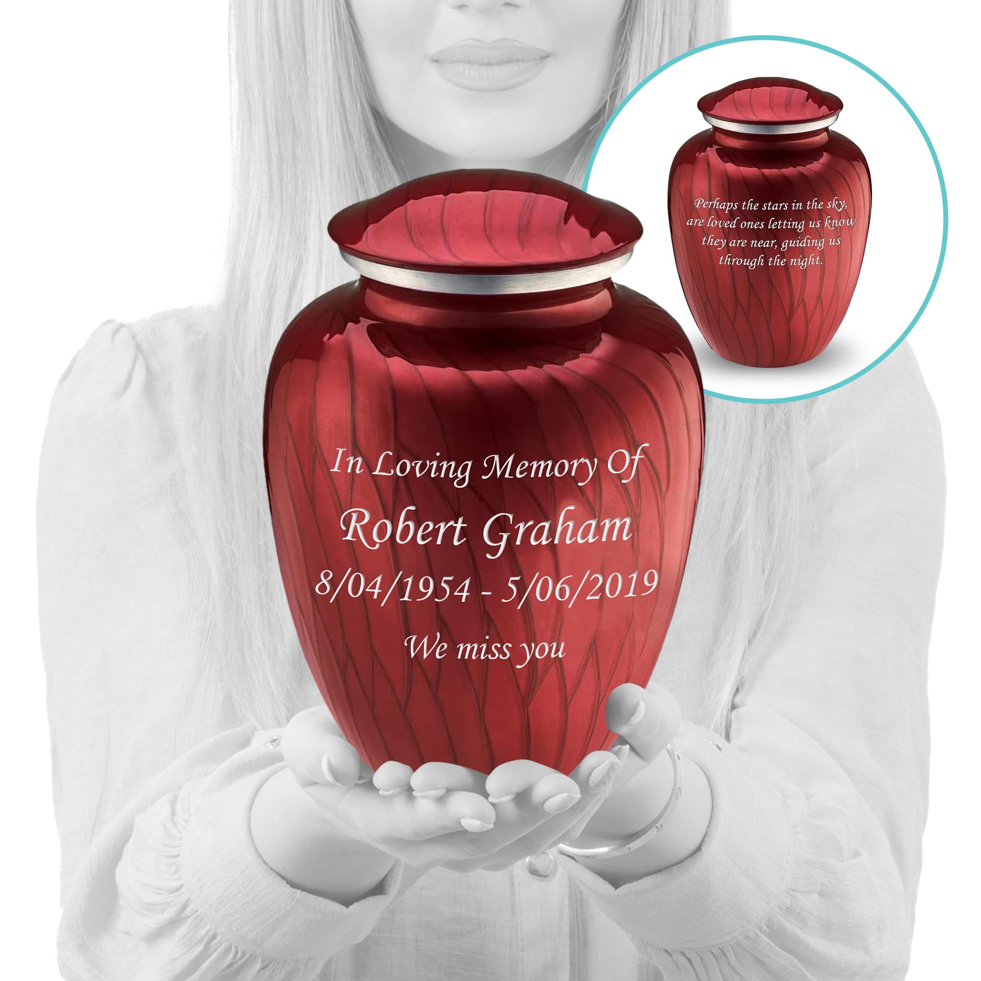 Premium Personalized Cremation Urns for Ashes - Large Pearl Candy Red Funeral Urn for Adults with Double-Side Engraving (Holds 200 lbs) | Memorial Keepsake for Home Display or Burial Ceremony