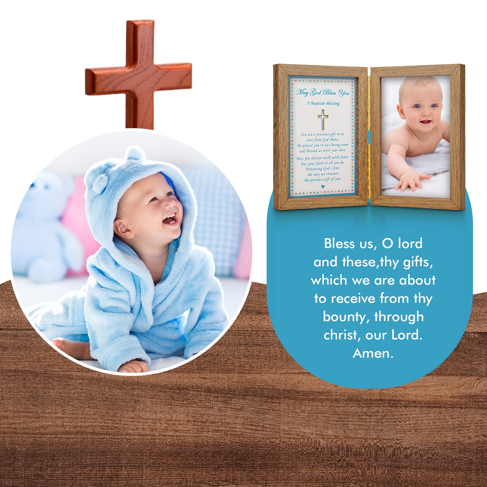 Yakucho Baptism Gifts for Boys - Baby Boy Christening Picture Frame with Blessing Card, Holds 4x6 Inch Photo, Double Frame Keepsake for Baptism Ceremony - Perfect for Baby's First Holy Sacrament, Church Celebrations & Family Memory Preservation