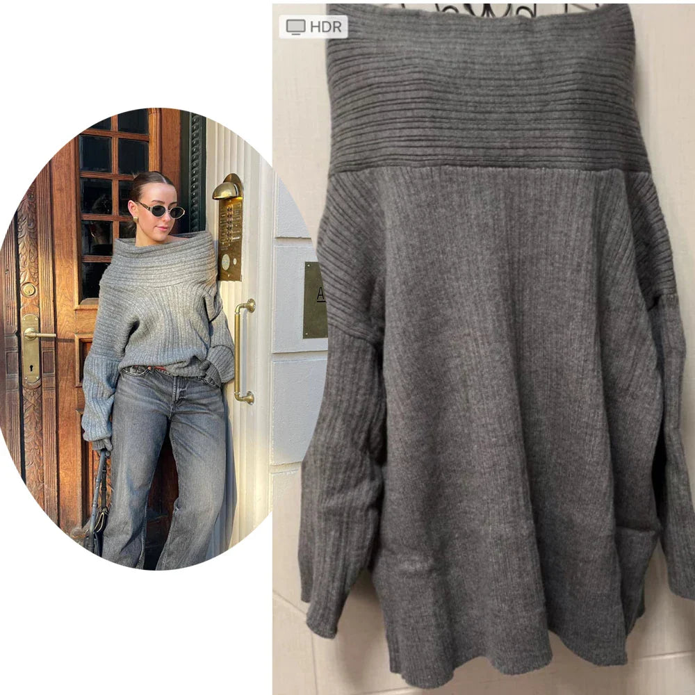 2024 Women's Oversized Autumn Sweater - Sexy Slash Neck Knit Pullover, Long Sleeve Loose Fit Casual Knitwear | Perfect for Fall Layering, Coffee Dates & Cozy Evenings