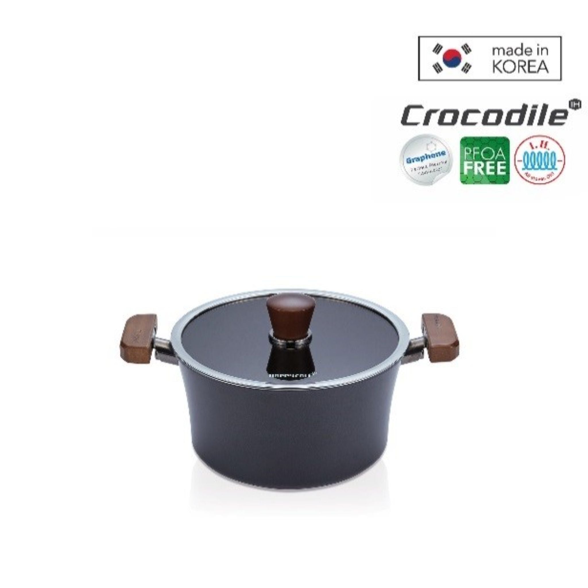 HappyCall Crocodile 24cm Stock Pot with Lid - Induction Compatible Stainless Steel Cooking Pot for Soups, Stews & Pasta - Black (HEA 3003 1302) - Perfect for Home Cooking, Camping & Large Family Meals