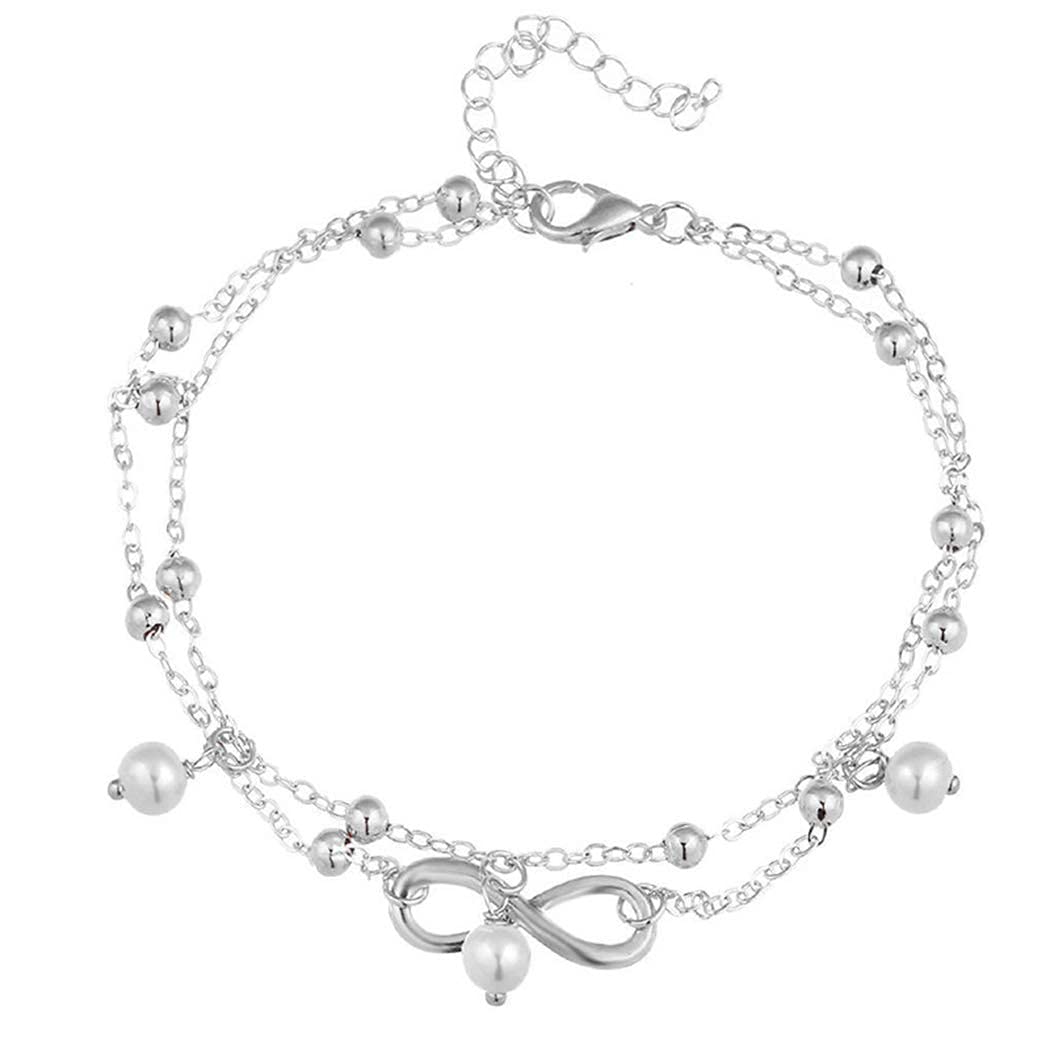 Vintage Layered Silver Infinity Ankle Bracelets with Pearl Chain - Boho Anklet Jewelry for Women & Girls - Perfect for Beach, Summer & Festival Outfits
