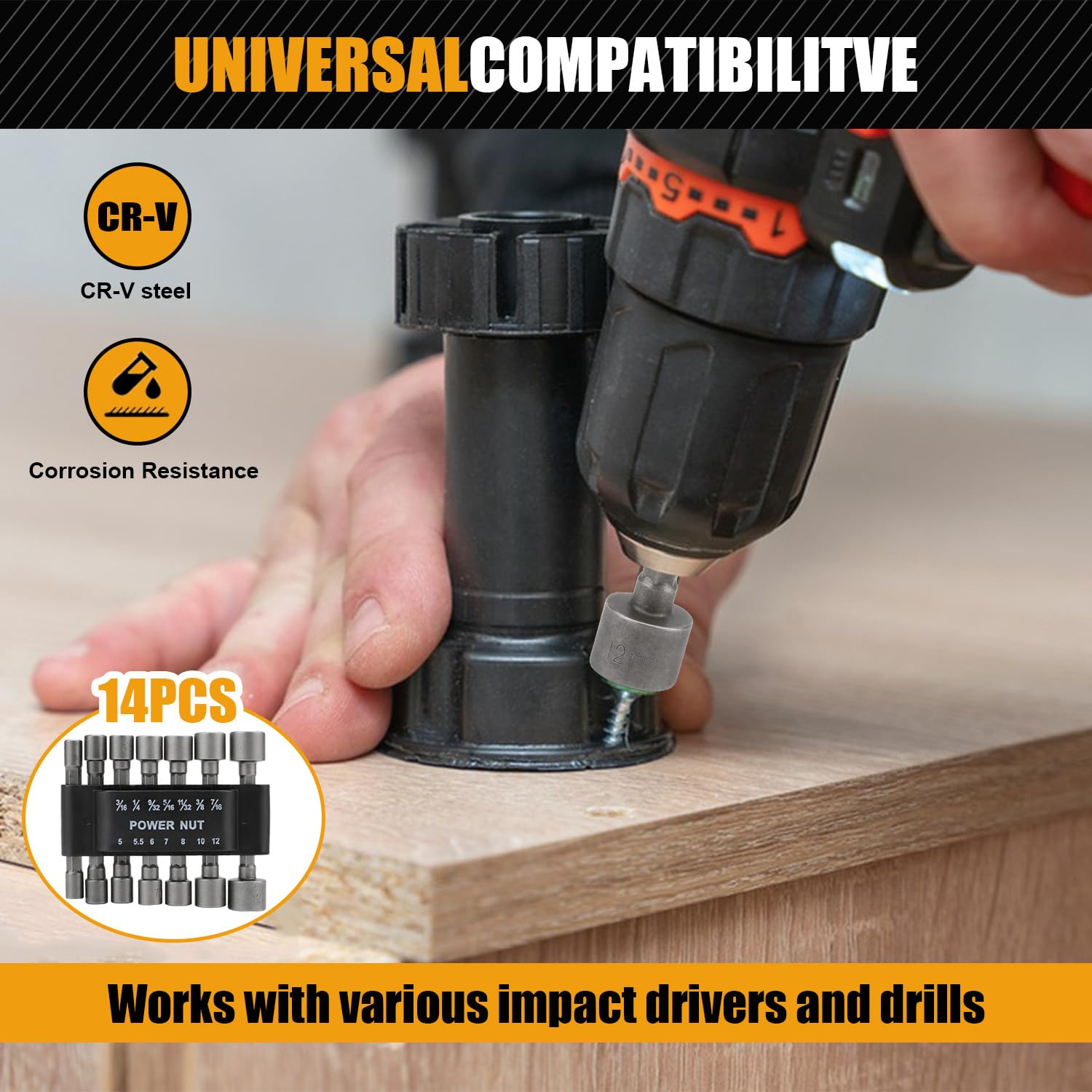 Rongon 14-Piece Power Nut Driver Drill Bit Set - 1/4 Inch Hex Steel Metric Socket Wrench Screw Bits with Quick Change Chuck Adapter - Perfect for Electric Hand Drills & Screwdrivers - Ideal for DIY Projects, Home Repairs, and Professional Construction Work