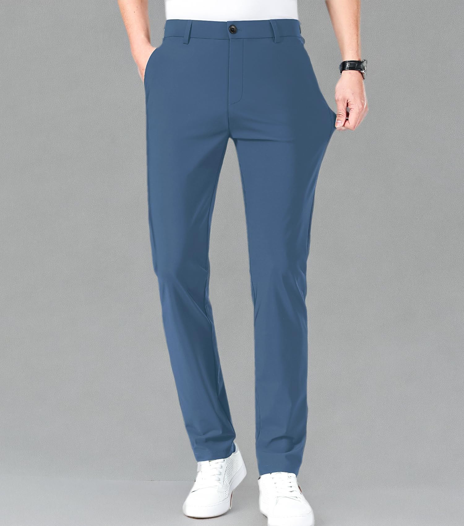 LUSHENUNI Men's Slim High Stretch Golf Pants - Breathable Ice Silk Dress Pants with Expandable Waist for Golfing, Office & Business Casual Wear