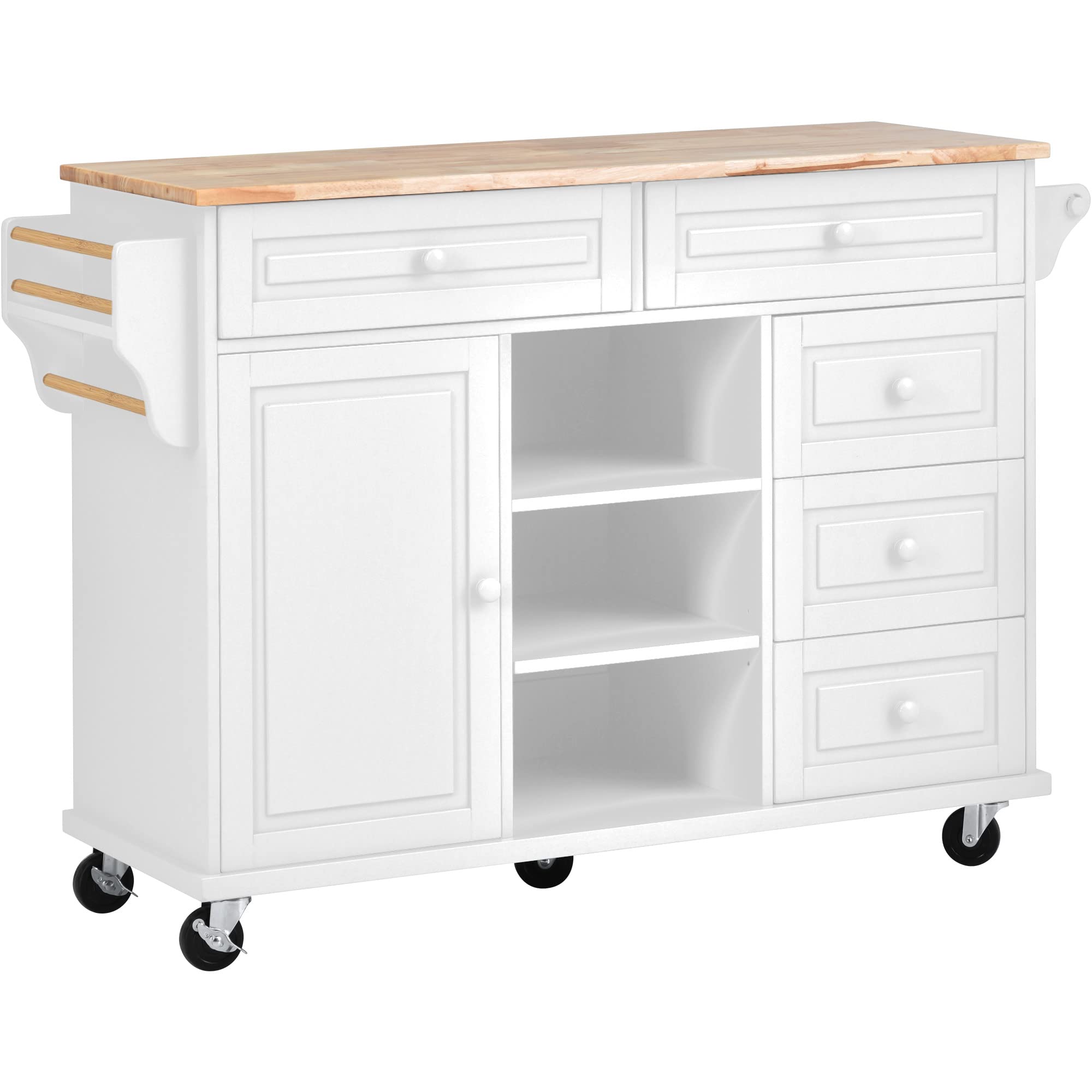 White Kitchen Island Cart with Wheels - 5 Drawers & Shelves for Kitchen & Living Room Storage
