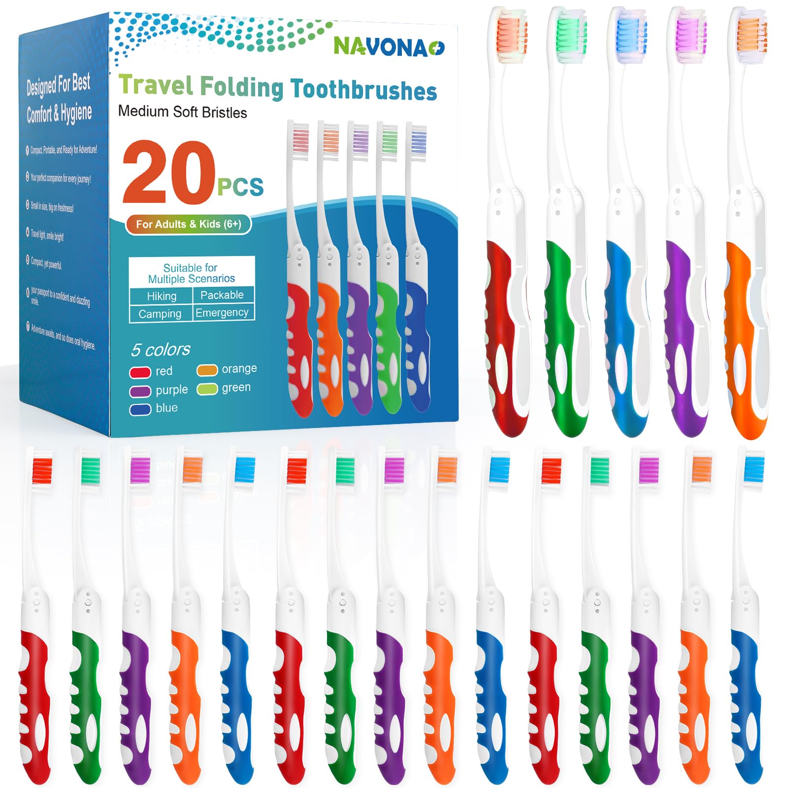 20 Pack Travel Toothbrush Set - Portable Folding Mini Toothbrushes with Medium Bristles | Individually Wrapped Bulk Toothbrushes for Camping, Hiking, School, Travel & Emergency Kits