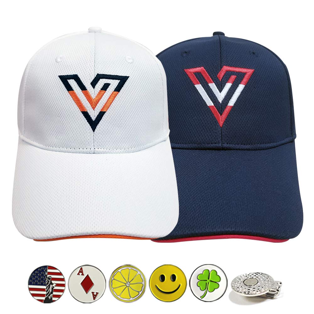 Volvik New Golf 2020 V-Logo Adjustable Hat Bundle with 5 Ball Markers & 1 Clip - 2 Hats (White & Blue) - Perfect for Golf Tournaments & Outdoor Sports