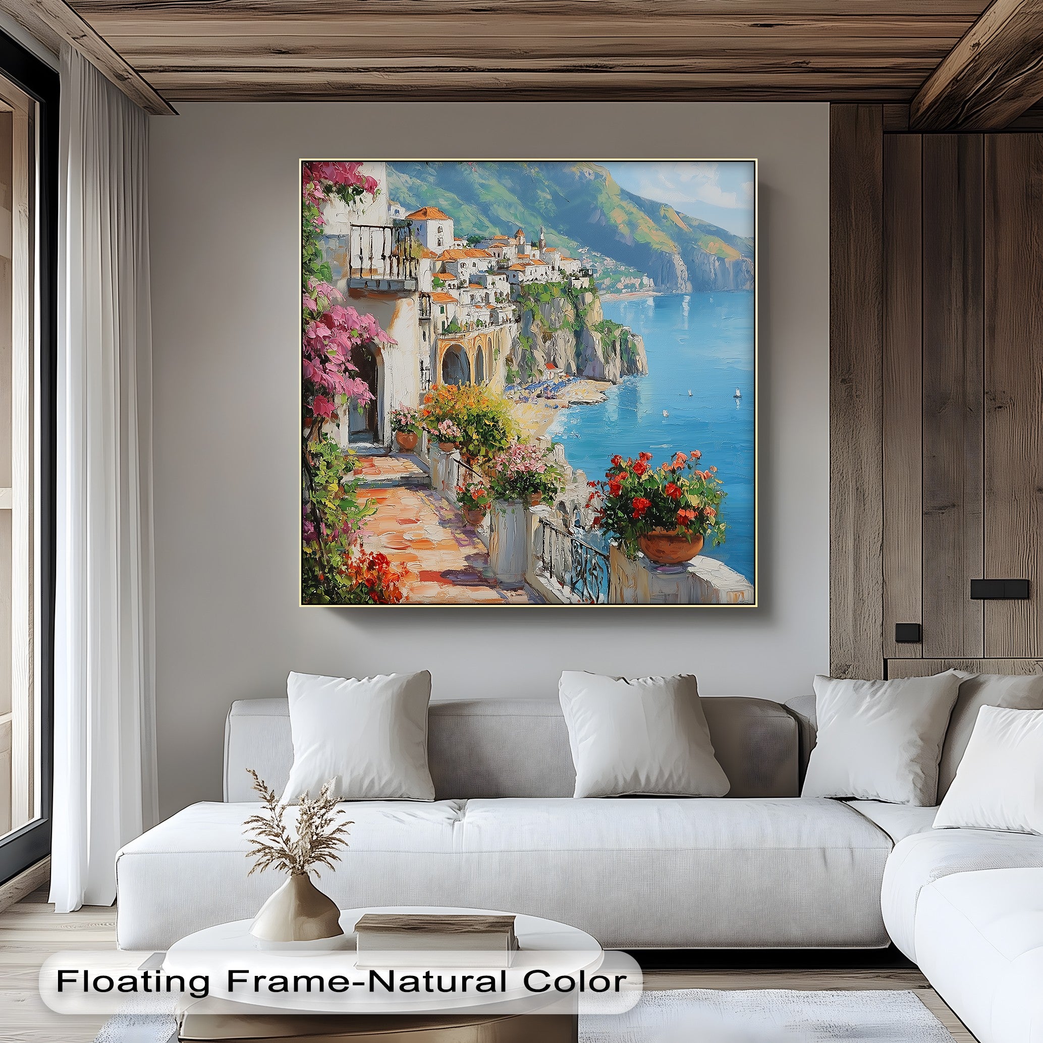 Amalfi Terrace Bloom Coastal Italian Balcony Canvas Print - Stunning Wall Art for Beach House, Living Room & Office Decor