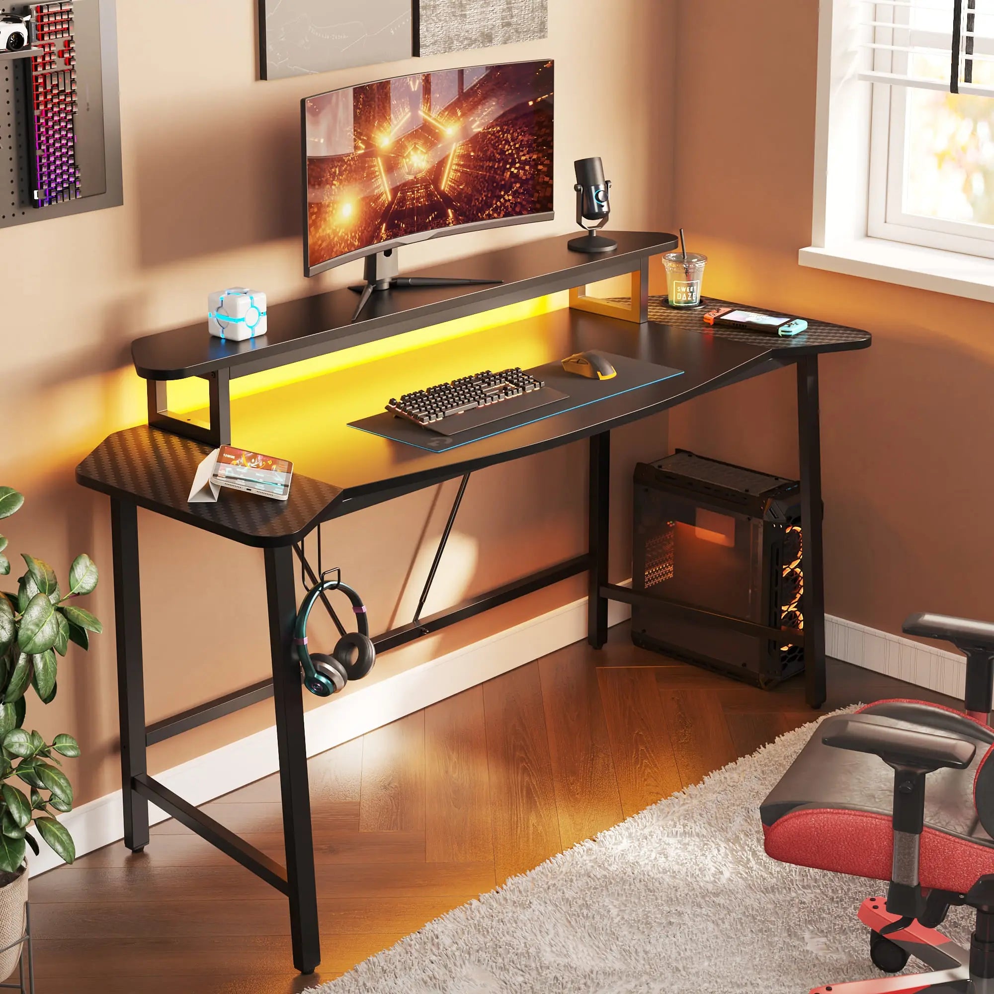 Bestier 63 Inch LED Gaming Desk with Monitor Stand & Headphone Hook - Ergonomic Computer Desk for PC Gaming Setup, Home Office & Streaming Station