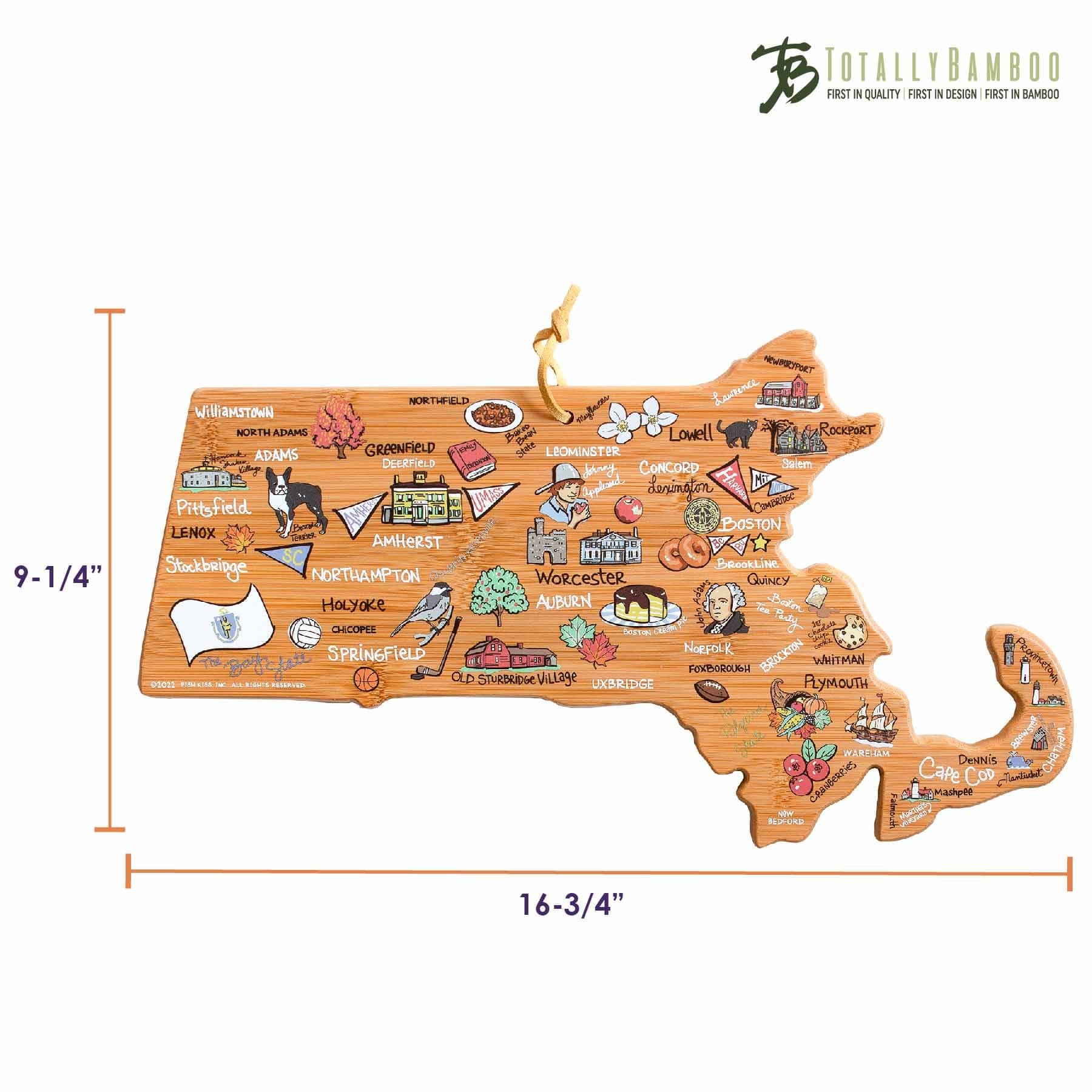 Premium Massachusetts-Themed Wooden Cutting Board with Fish Kiss™ Artwork - Perfect for Kitchen Decor, Gift Giving & Home Use