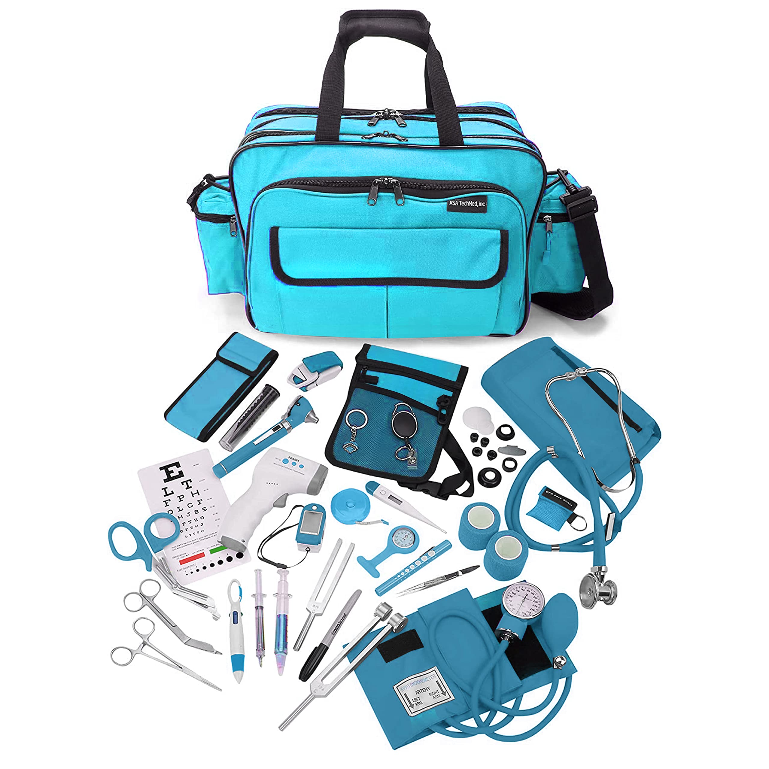 ASA TECHMED Premium Waterproof Nurse Travel Bag – Heavy-Duty Nylon Medical Organizer with Multiple Pockets, Foldable Front Flap & Adjustable Shoulder Strap – Ideal for Nursing Students, Healthcare Professionals & Traveling Nurses (Teal Blue)