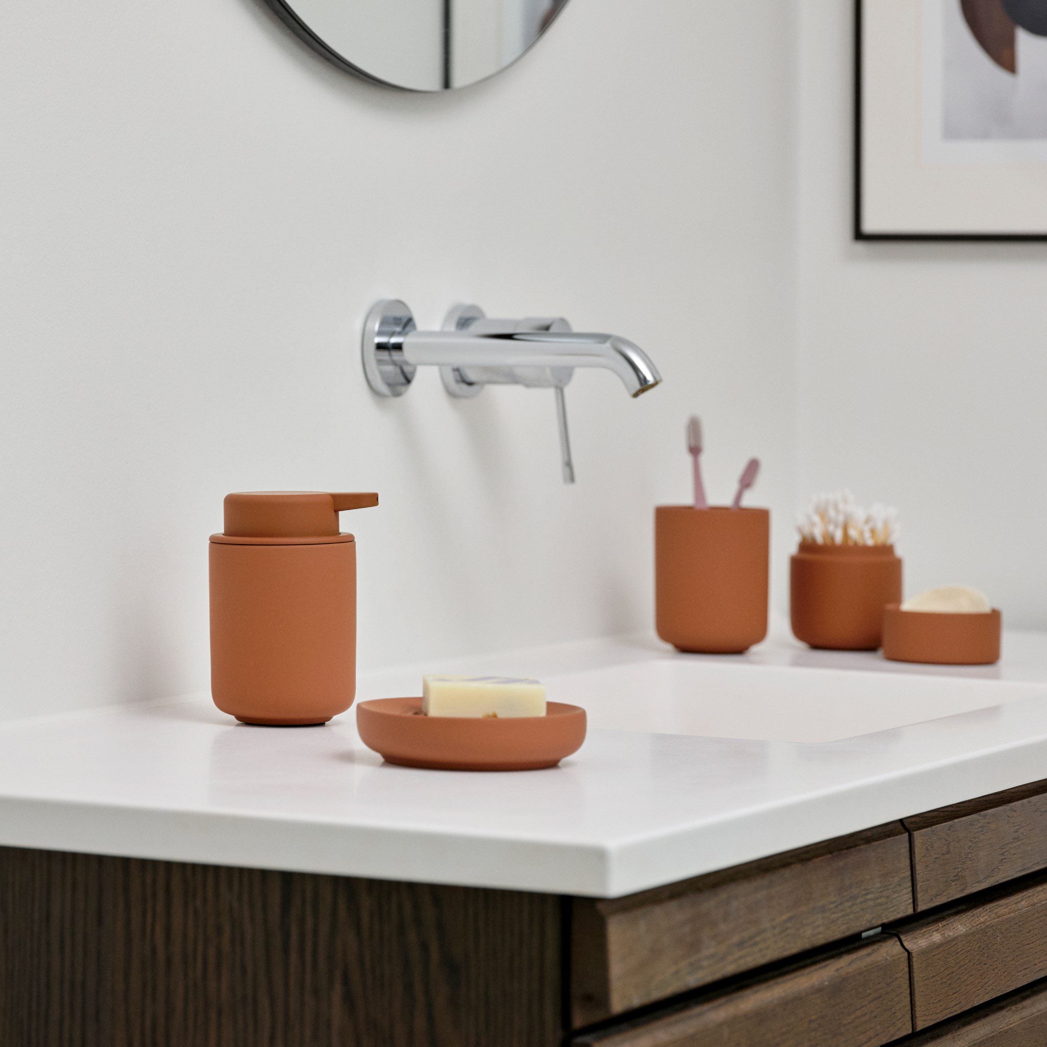 ZONE DENMARK Ume Ceramic Soap Dispenser 250ml (12.8cm Height) - Terracotta Bathroom Countertop Organizer for Kitchen & Vanity Decor