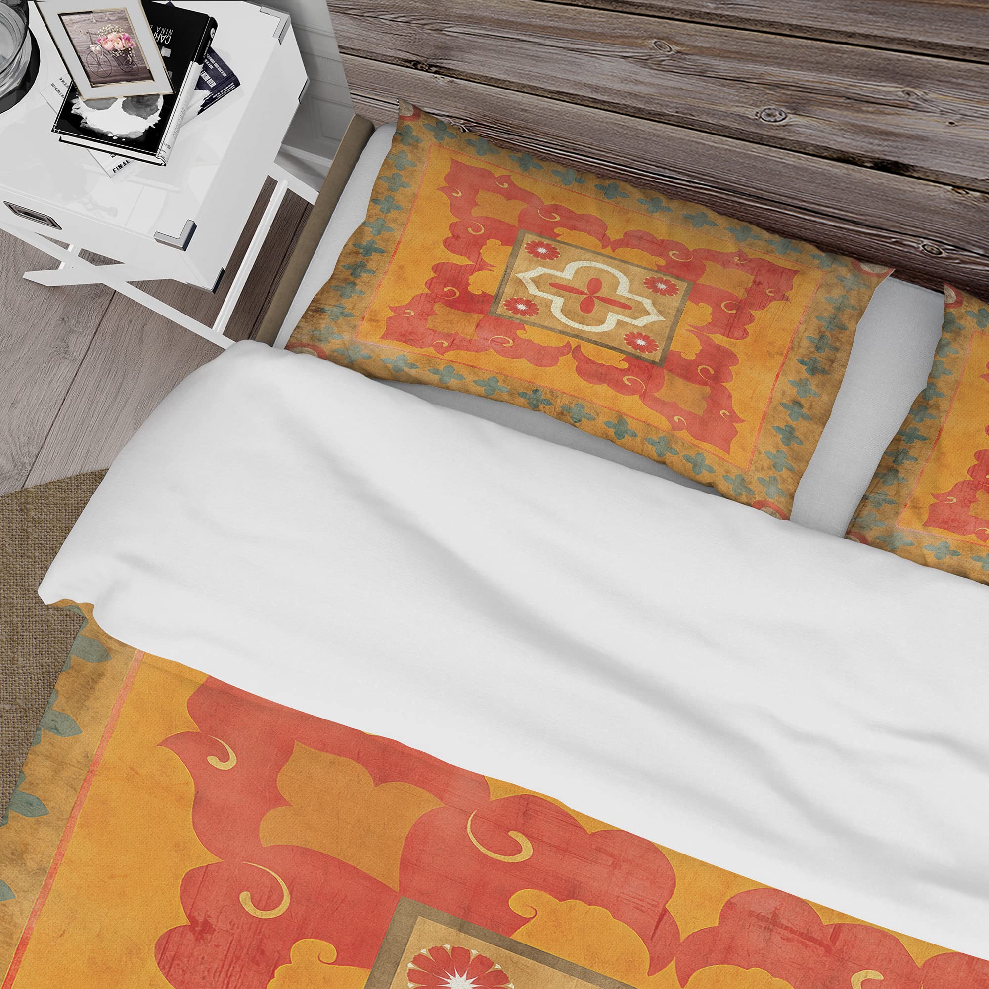 Bohemian Moroccan Orange Tiles Duvet Cover Set King Size - 3 Piece All Season Bedding with Eclectic Design | Perfect for Boho Chic, Eclectic & Moroccan Style Bedrooms
