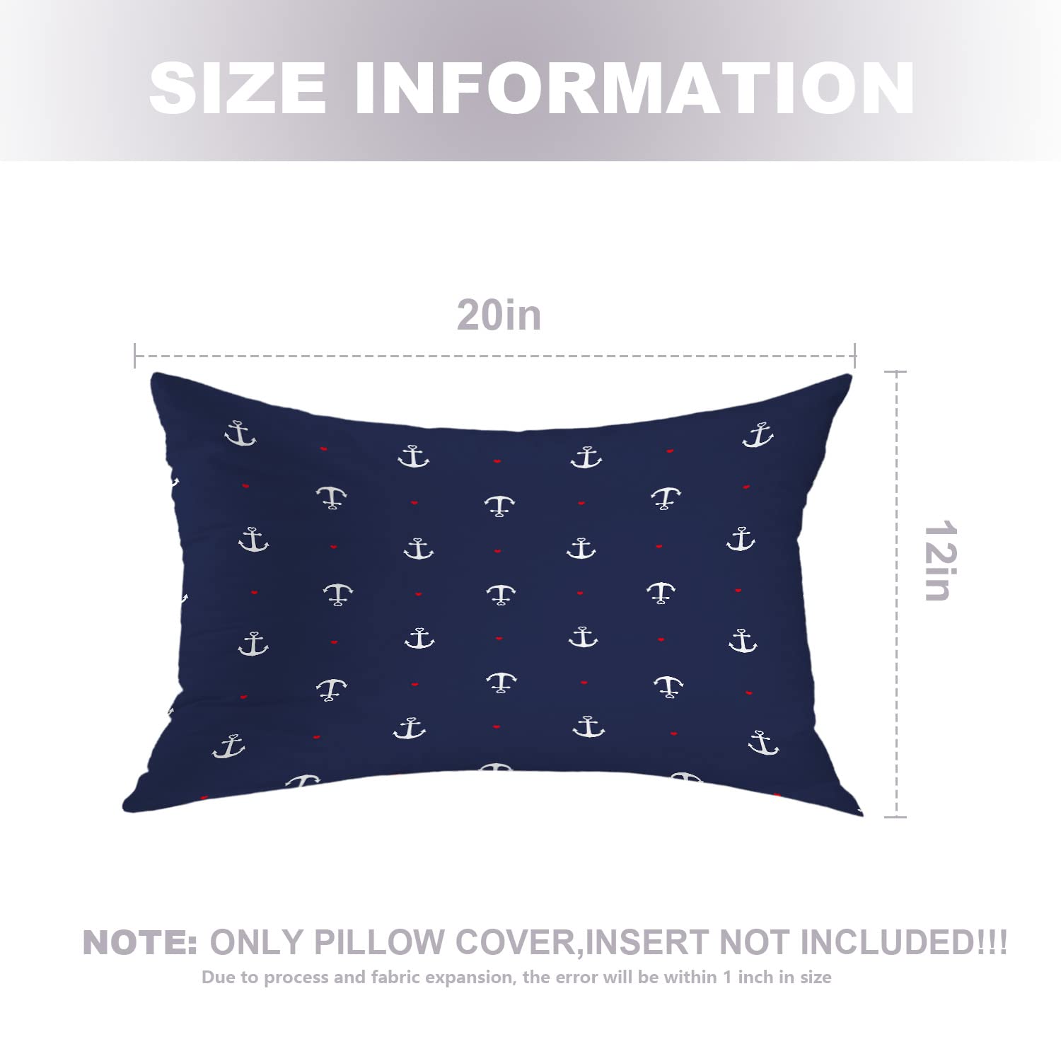 Nautical Decorative Pillow Covers 12x20 Inch - Blue and White Cotton Lumbar Cushion with Red Heart Design for Sofa, Bed, or Boat - Coastal Home Decor & Marine Themed Living Room Accessories