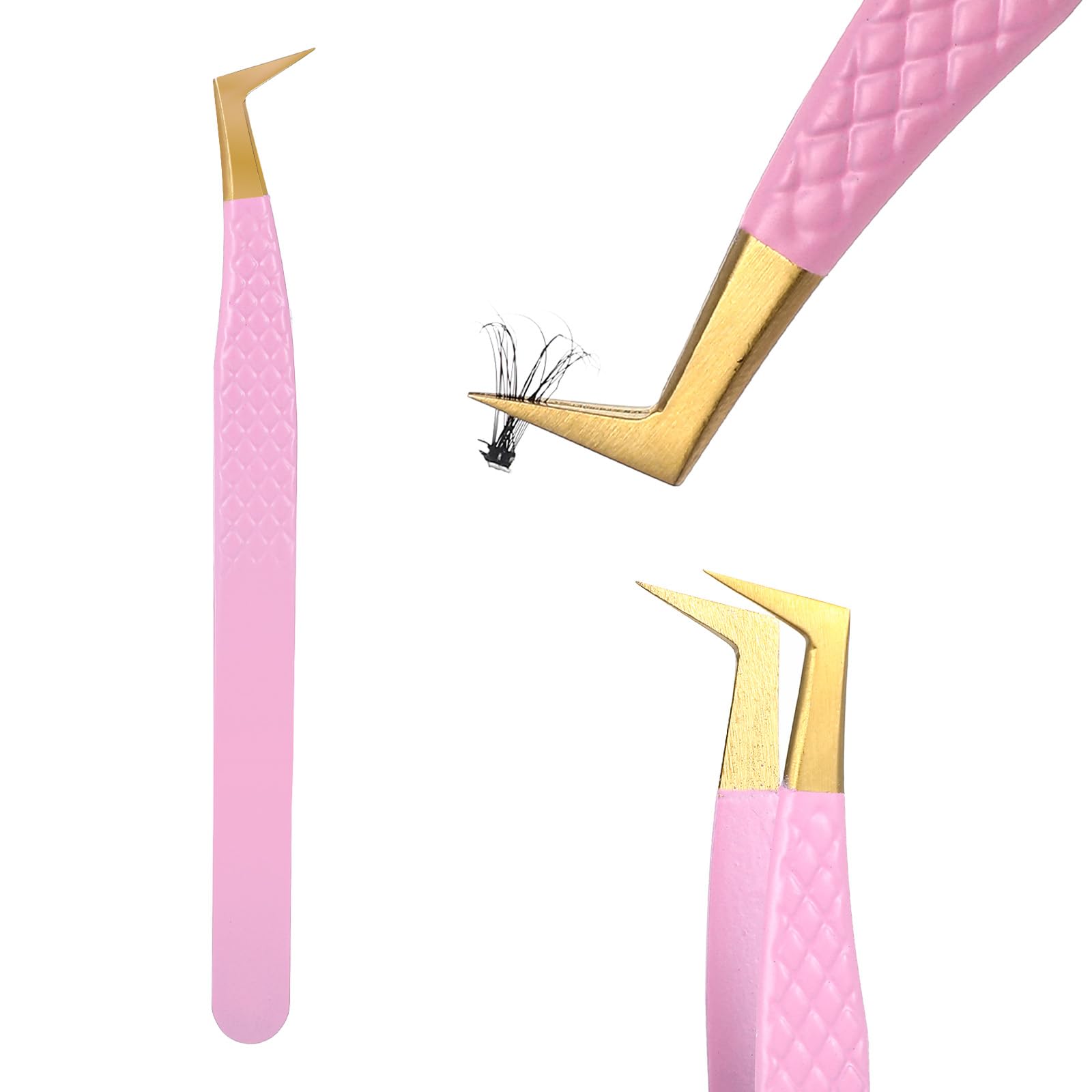 Professional Stainless Steel Eyelash Extension Tweezers - Curved & Flat Tips for Volume Lashes, Precision Fiber Tip Lash Tweezers (Pink) - Perfect for Salon, Home Use & DIY Lash Extensions