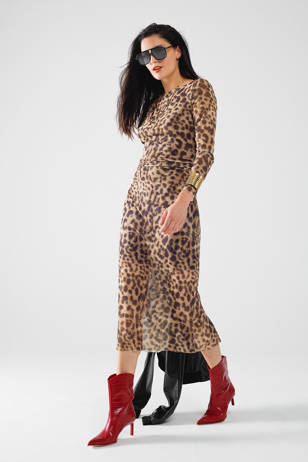 Women's Long Sleeve Leopard Print Midi Bodycon Dress - Sexy Sheer Transparent Robe for Evening Party & Night Out