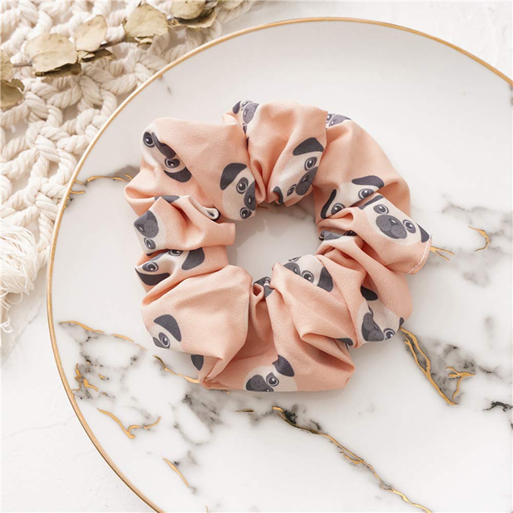 4 Pack Cute Pug Dog Scrunchies for Women & Girls - Cartoon Pet Hair Ties, Chiffon Hair Bands for Dog Lovers - Perfect for School, Work, and Everyday Fashion Accessories