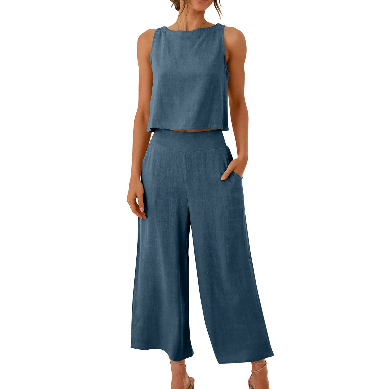 Women's 2-Piece Summer Outfit Set - Linen Crop Top & High Waist Wide Leg Capri Pants | Lounge Wear, Casual Chic, Beach Vacation, Street Style Fashion
