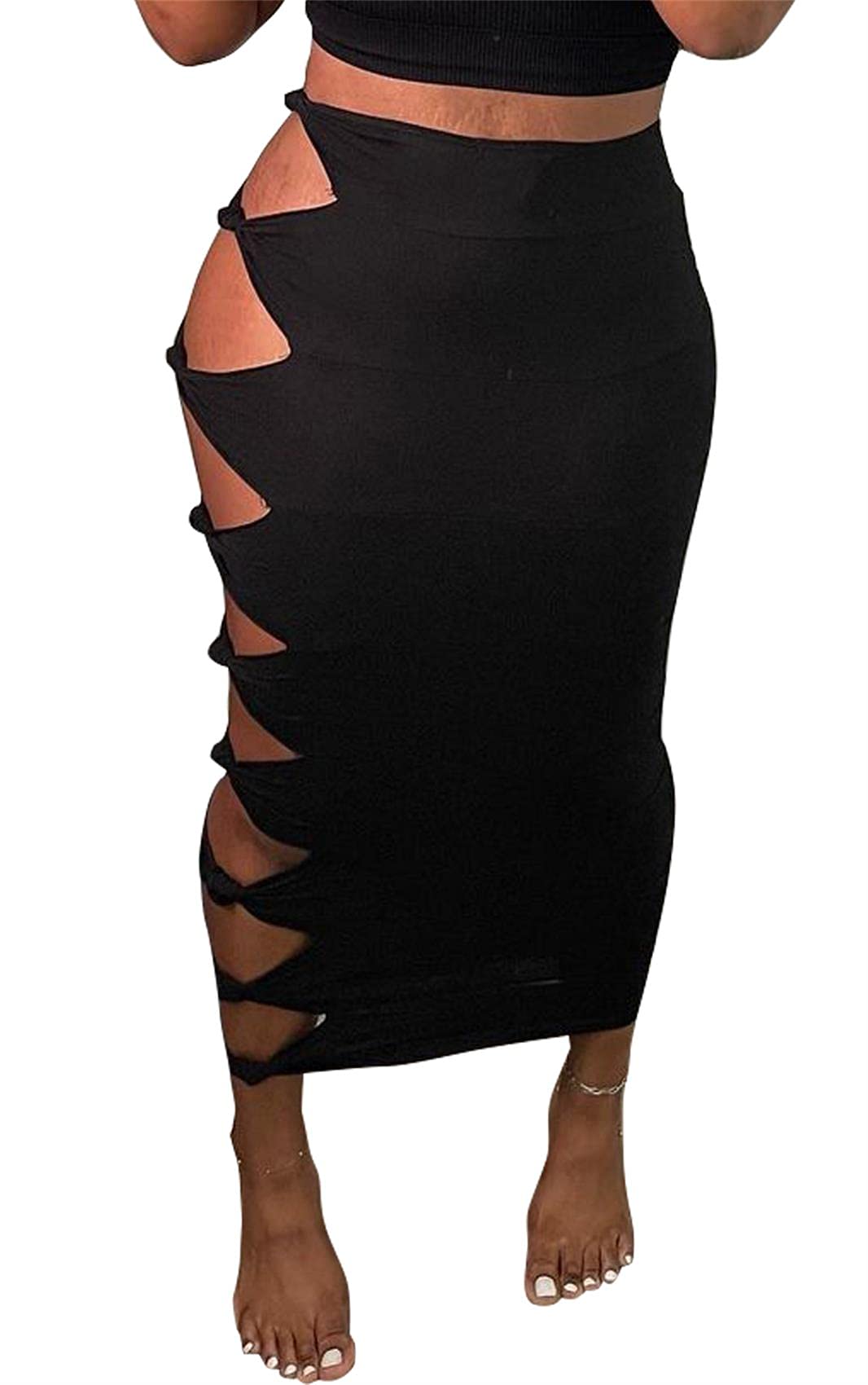 Sexy Women's Ripped Hollow Out Pencil Skirt - Solid Color Midi/Maxi Skirt for Party, Club & Night Out | Perfect for Date Night, Girls Night & Evening Events