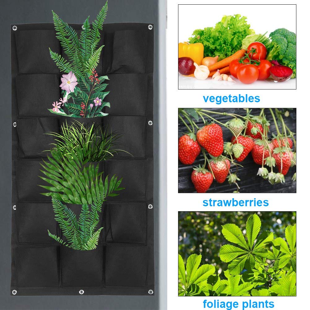Vertical Hanging Garden Planter - 18 Pocket Wall Mounted Plant Grow Bag for Indoor & Outdoor Plants | Space Saving Home Decor for Balcony, Patio, Kitchen & Small Spaces | Black