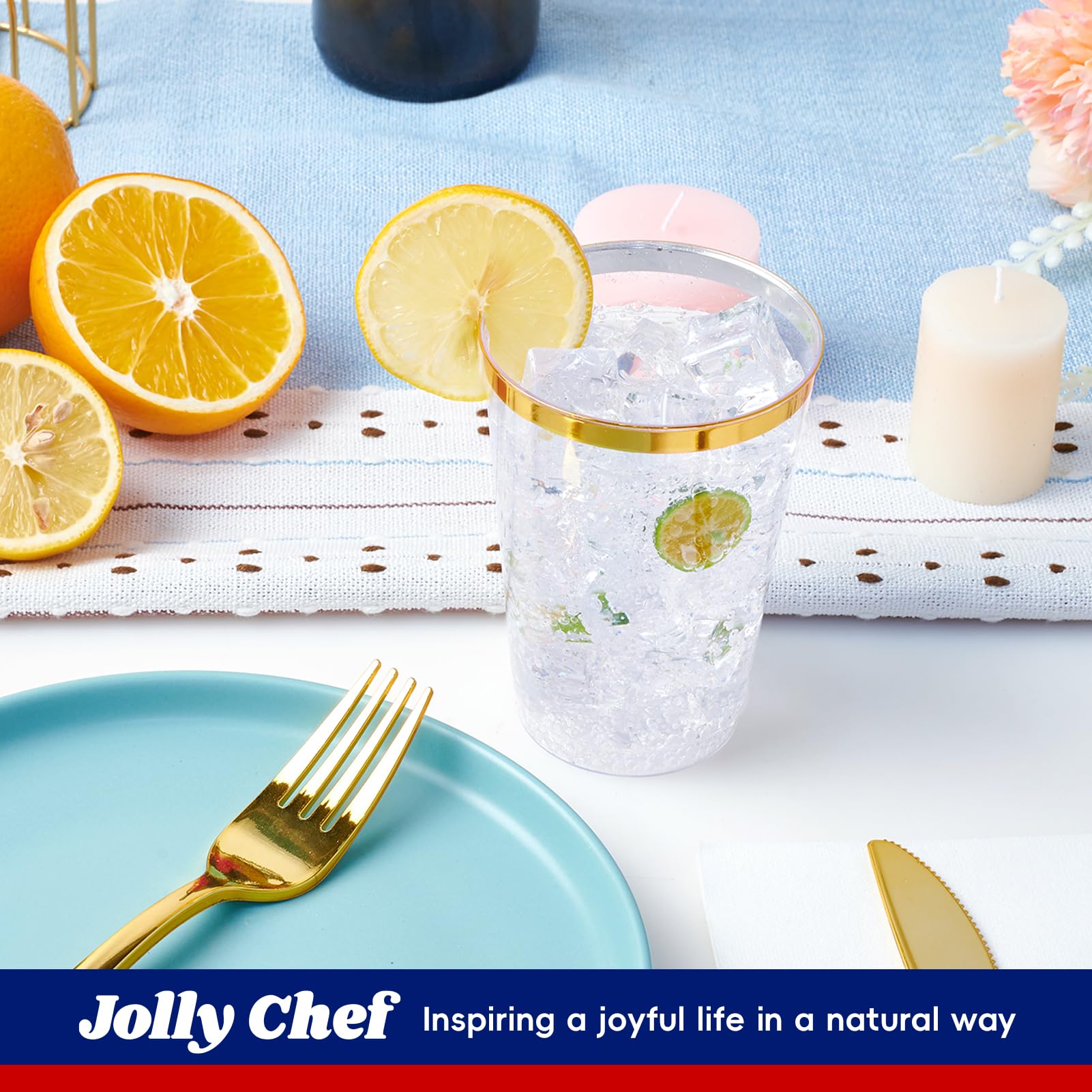 JOLLY CHEF 100-Pack 12oz Clear Plastic Cups with Gold Rim - Elegant Disposable Tumblers for Wedding, Party, Thanksgiving & Christmas - Perfect for Cocktails, Beverages & Celebrations - Ideal for Home Entertaining, Office Events and Holiday Gatherings