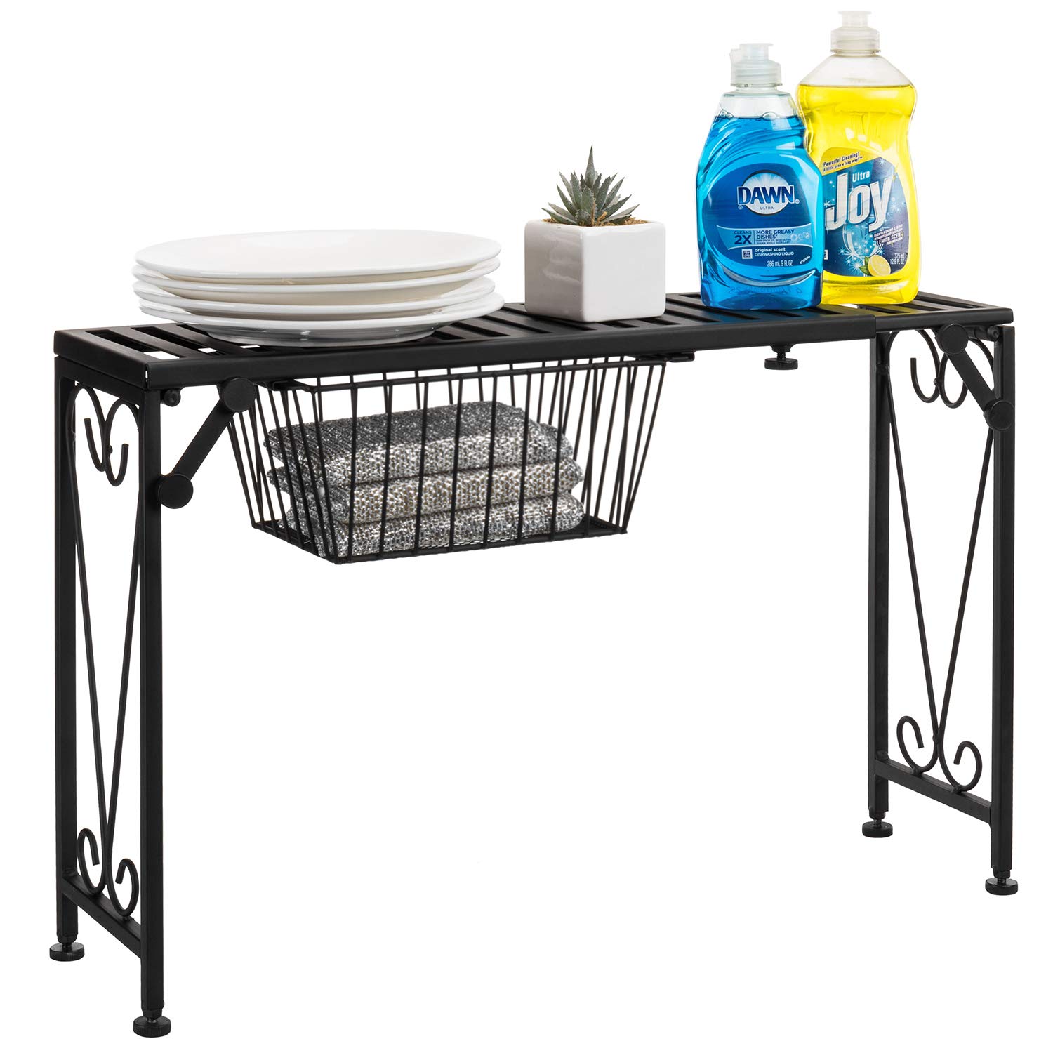 MyGift Black Metal Expandable Over-The-Sink Kitchen Organizer Shelf with Scrollwork Design & Pull-Out Drawer - Perfect for Small Space Storage, Dish Drying, and Bathroom Organization