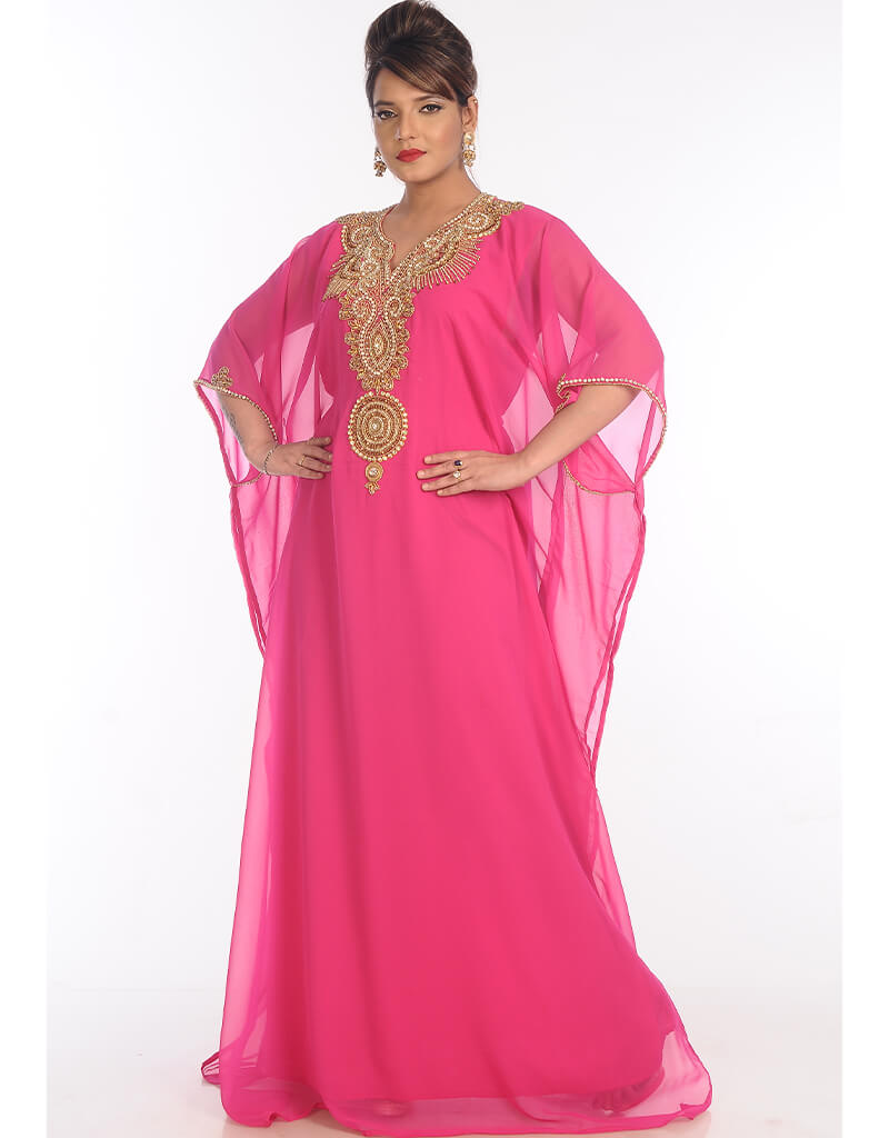 Elegant Arabic Pink Georgette Kaftan with Hand Embroidery - Perfect for Parties, Weddings & Special Occasions | Women's Luxury Evening Wear