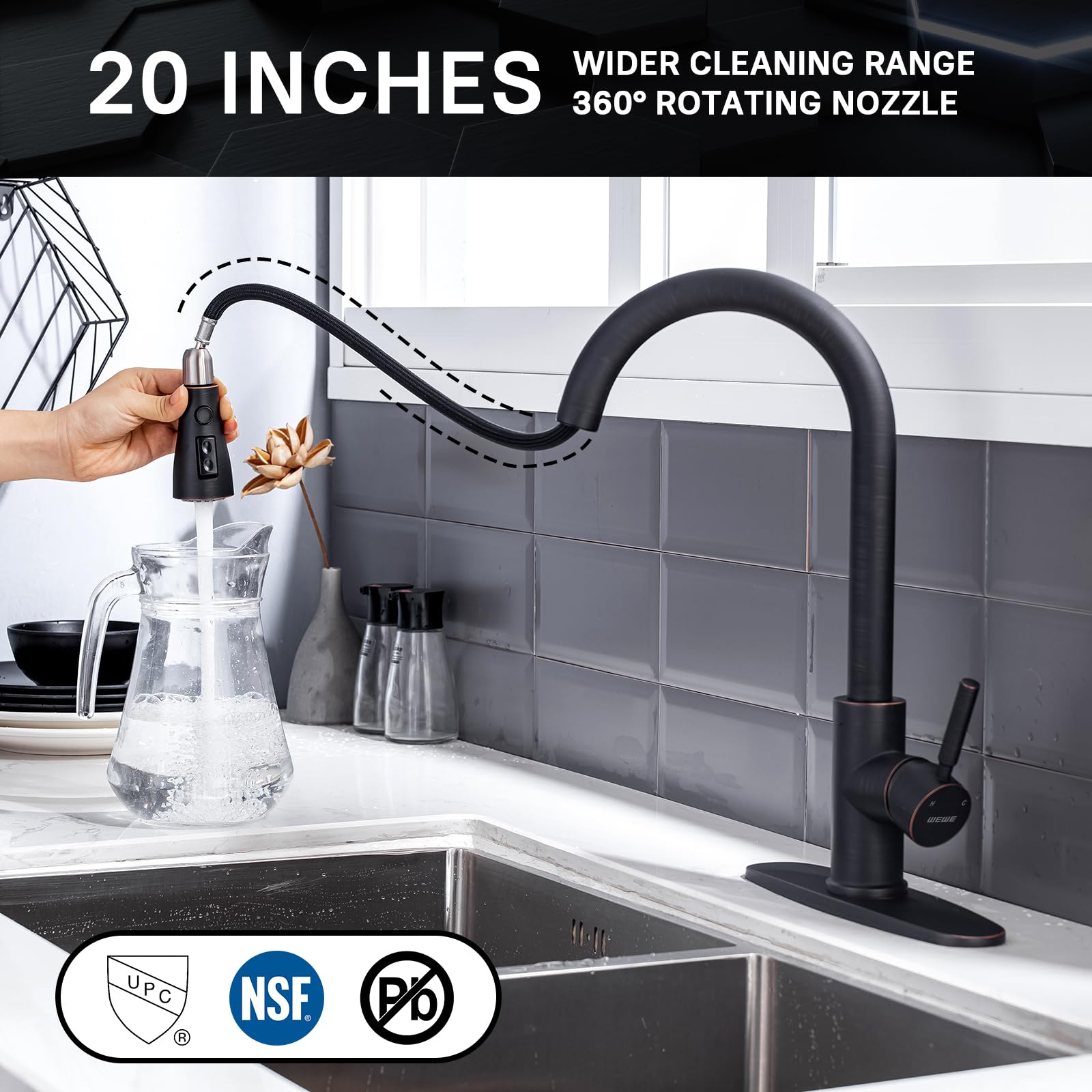 Premium WEWE Commercial Kitchen Faucet with Pull Down Sprayer - Oil Rubbed Bronze Farmhouse Sink Faucet, High Arc Stainless Steel Single Handle Design for Utility, RV & Laundry Sinks | Ideal for Modern Homes, Restaurants & Mobile Living Spaces