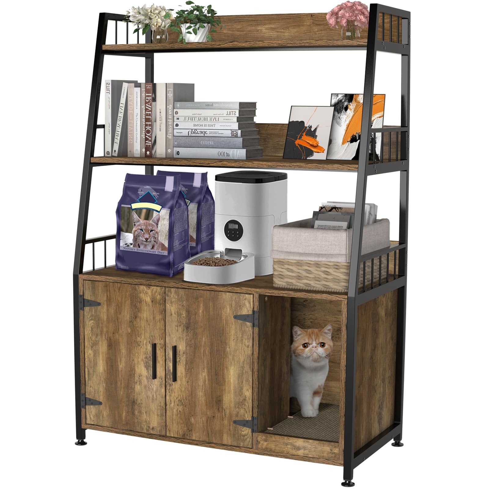 GDLF Large Hidden Cat Litter Box Enclosure Furniture with Shelf - Wooden Sturdy Cat Washroom Storage Cabinet with Scratching Post, Light Brown - Perfect for Living Room, Bedroom, or Home Office Décor
