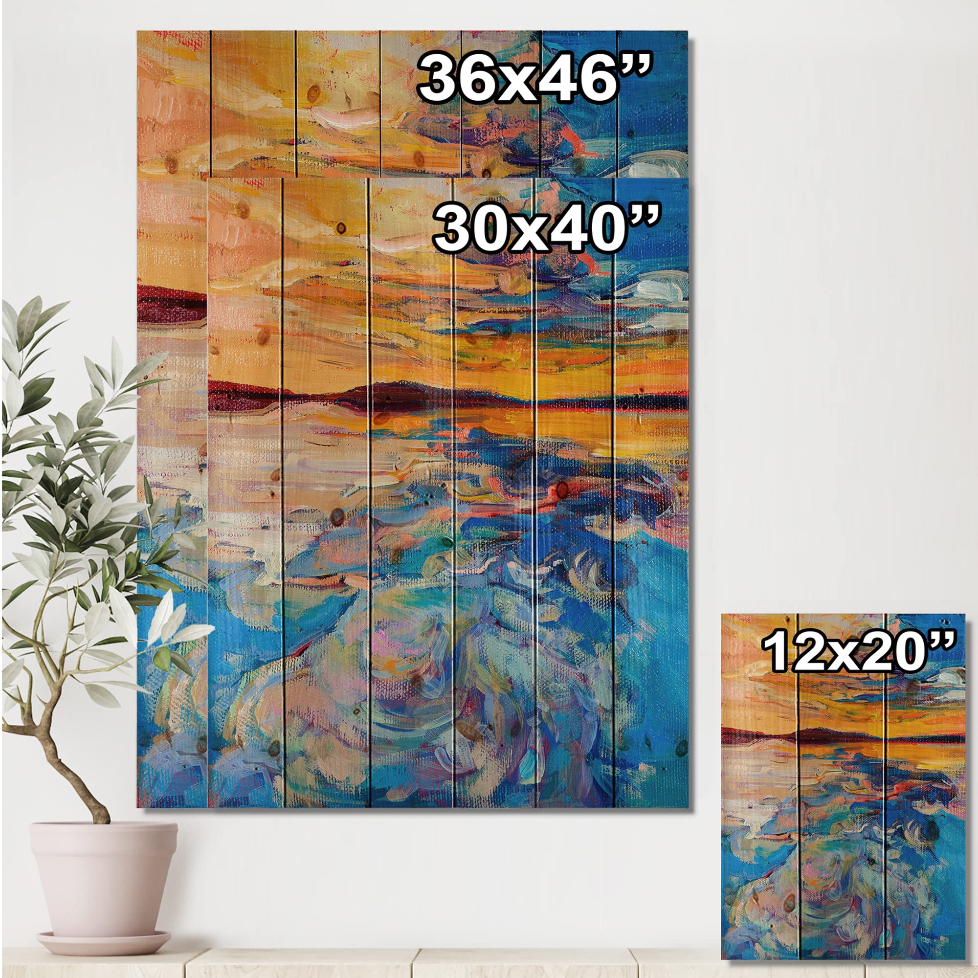 Orange Sunset Over Blue Waves Coastal Wood Wall Art - Large Abstract Nautical Wood Panel Decor Printed on Natural Pine - Perfect for Beach House, Living Room & Office Wall Decor