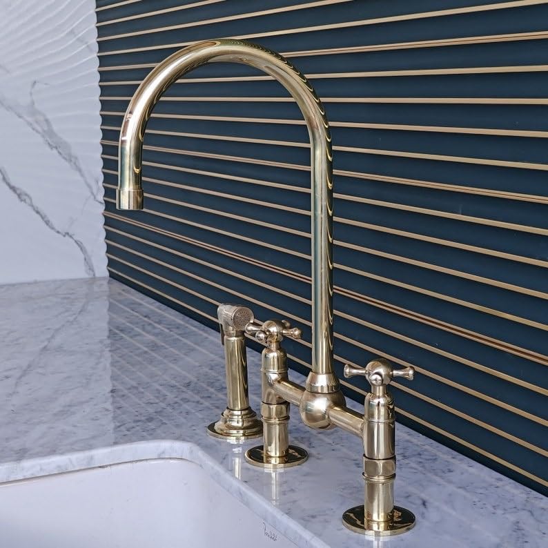 8 Inch Unlacquered Solid Brass Bridge Kitchen Faucet with Cross Handles & Straight Legs - Includes Sprayer for Modern Farmhouse Sink (Perfect for Vintage Style Kitchen Renovation)