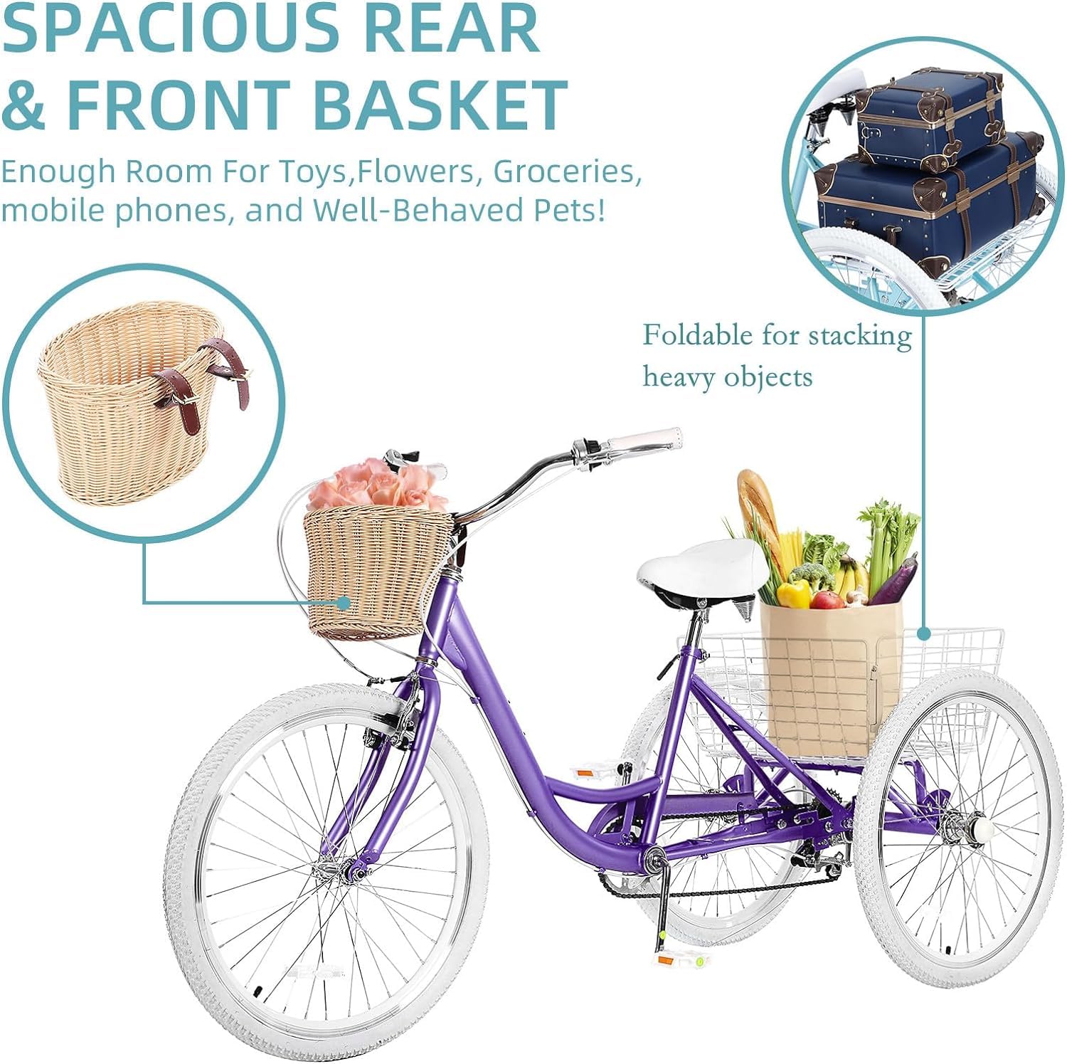 **7-Speed Adult Tricycle for Men & Women - 20/24/26 Inch 3-Wheel Bike with Basket - Comfortable Three-Wheeled Cruiser for Seniors & Adults - Perfect for Grocery Shopping, Leisure Rides & Outdoor Exercise**