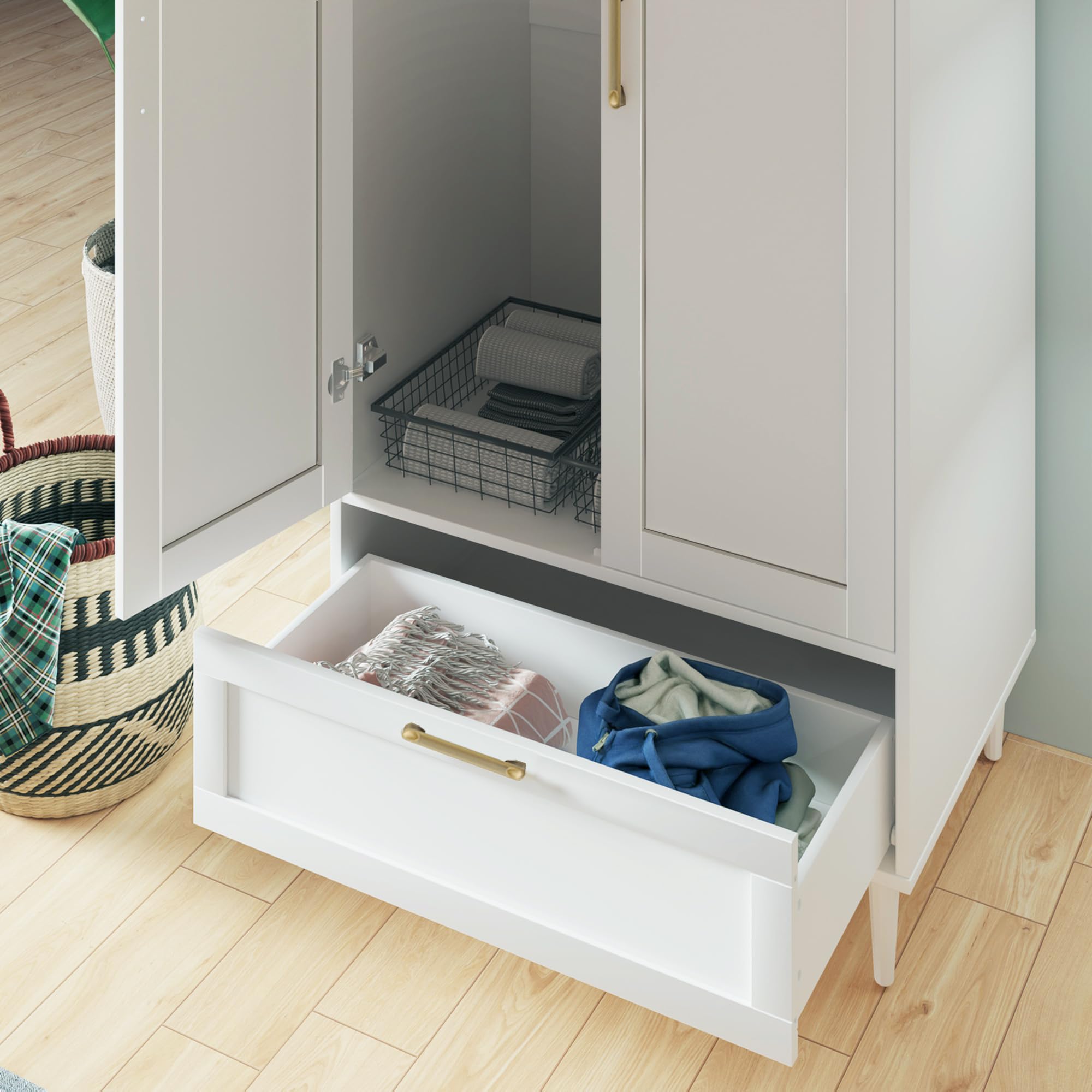 60 Inch White Modern Armoire Wardrobe Closet with Hanging Rod & Drawers - 2 Door Storage Cabinet for Bedroom Clothes Organization | Perfect for Small Spaces & Master Bedrooms