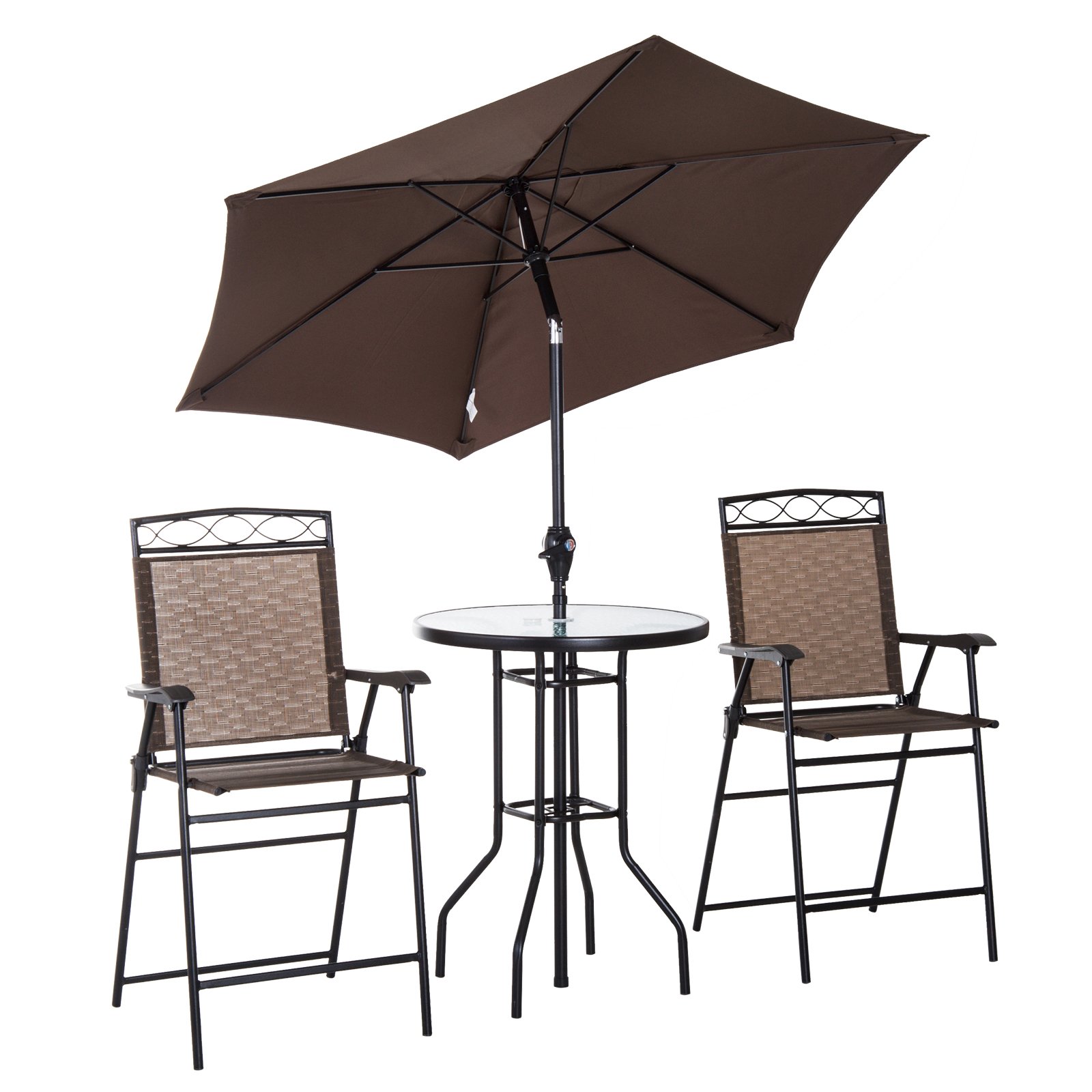 Outsunny 4-Piece Outdoor Patio Dining Set with 2 Folding Chairs, Adjustable Umbrella & Tempered Glass Table - Brown | Perfect for Backyard, Garden, Poolside & BBQ Gatherings