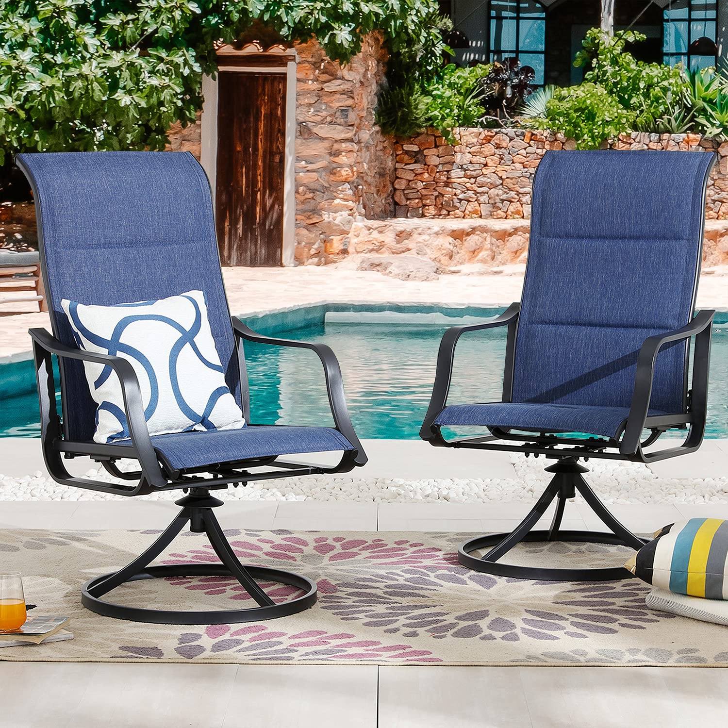 Romayard 2-Piece Swivel Rocking Patio Dining Chairs - High Back Padded Outdoor Chairs for Garden, Deck, Poolside - Comfortable Blue Lounge Seating (Large)