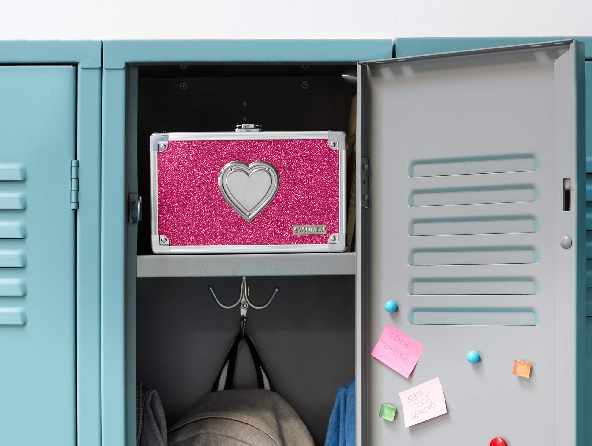 Vaultz Small Lock Box - 8.5 x 5 x 2.5 Inch Mini Safe with Key Lock for School Supplies, Money, Medicine & Valuables - Pink Bling with Heart Design - Perfect for Home, Office, Dorm & Travel Security