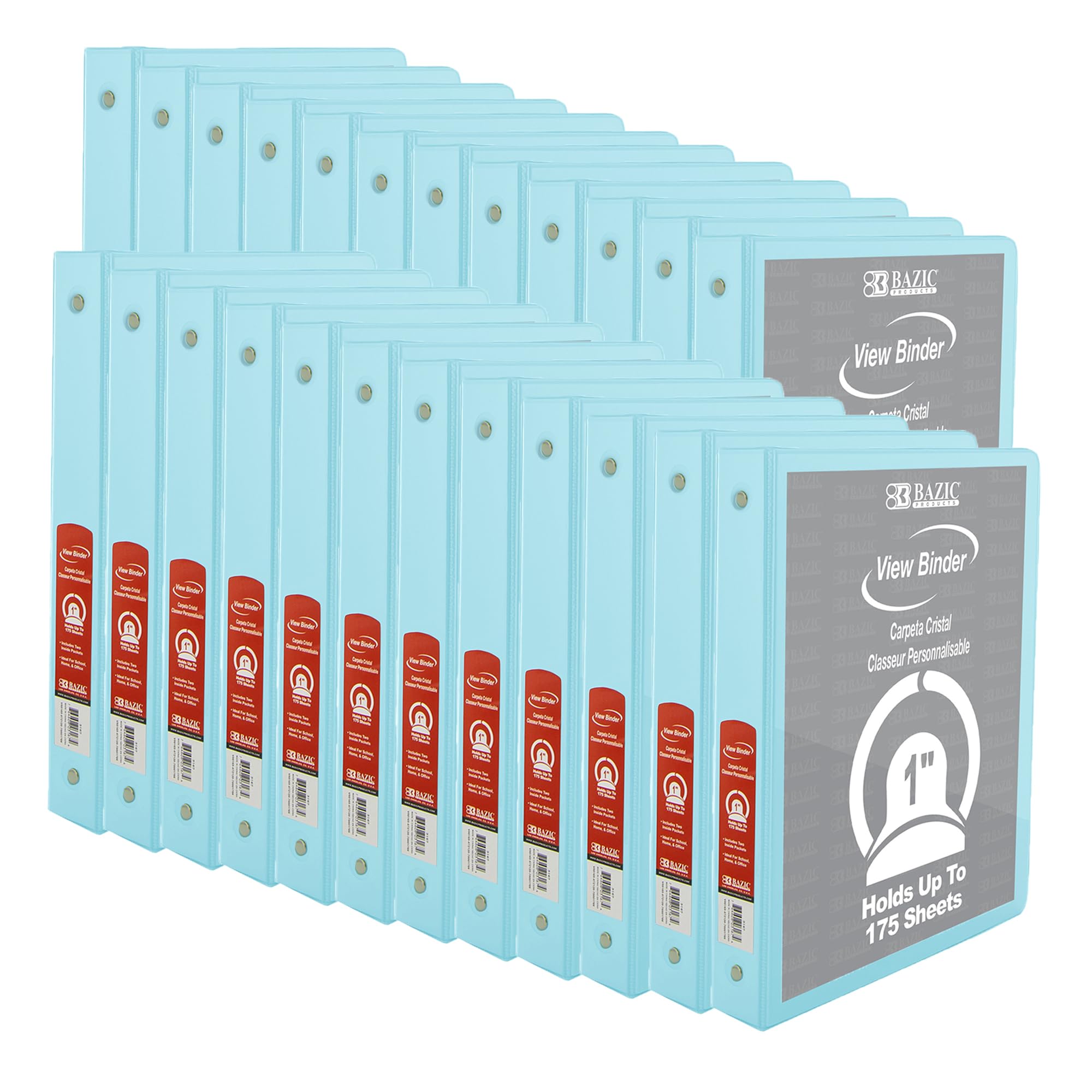 BAZIC 1 Inch 3 Ring Binder - Pastel Blue Round Ring Binder Holds 175 Sheets, 24-Pack for School, Office & Home Organization | Perfect for Notebooks, Presentations & Document Storage