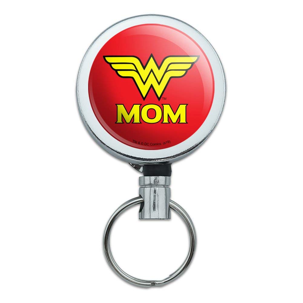 Wonder Woman Wonder Mom Logo Heavy Duty Metal Retractable ID Badge Holder with Belt Clip - Key Card Tag Holder for Nurses, Teachers & Office Professionals