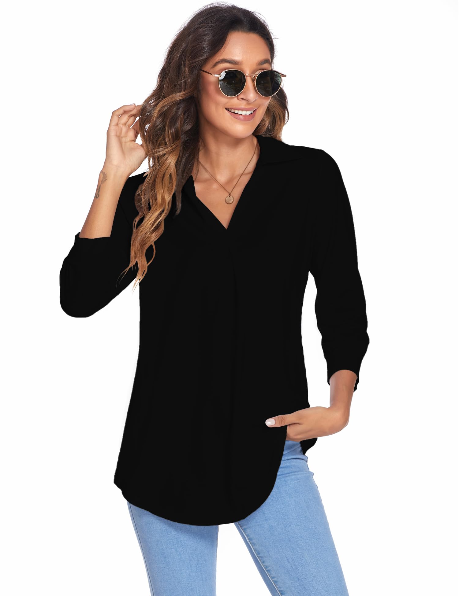Newchoice Women's Collared V-Neck 3/4 Sleeve Blouse - Business Casual Tops, Loose Fit Work Shirts (S-3XL) for Office, Meetings & Professional Occasions