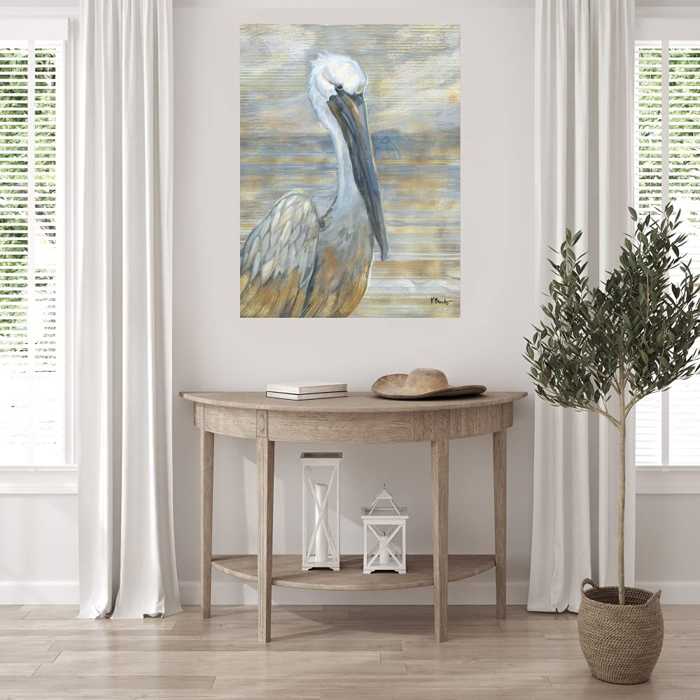 Golden Salty Pelican Canvas Wall Art by Paul Brent - Handmade Fine Art Print for Living Room, Bedroom, Office & More - 35x46 Inches - Ready to Hang - Coastal & Nautical Home Decor for Beach Houses, Restaurants & Vacation Rentals