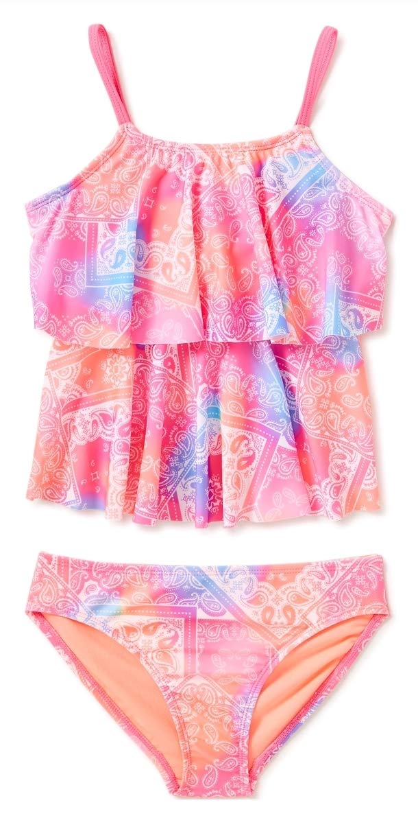 Girls Paisley Print Pink Tankini Swimsuit - XS Size | Cute Two-Piece Bathing Suit for Kids, Beach & Pool Party, Summer Vacation Swimwear