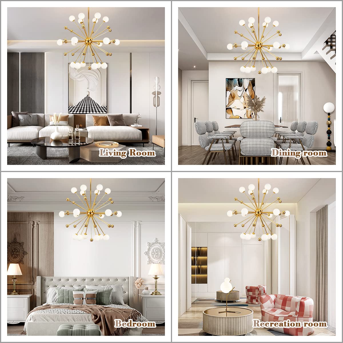 Modern Gold 12-Lights Sputnik Chandelier - Mid Century Starburst Chandelier with White Globe Glass & Brass Finish - Large Kitchen Island Pendant Lighting for Dining Room, Living Room, and Bedroom Decor