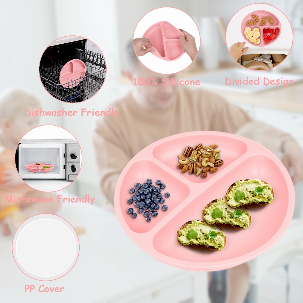 Vicloon 2-Pack Silicone Toddler Plates with Lids - BPA Free, Microwave & Dishwasher Safe Suction Plates for Babies - Divided Section Design for Easy Feeding - Perfect for Home, Travel & Daycare Use