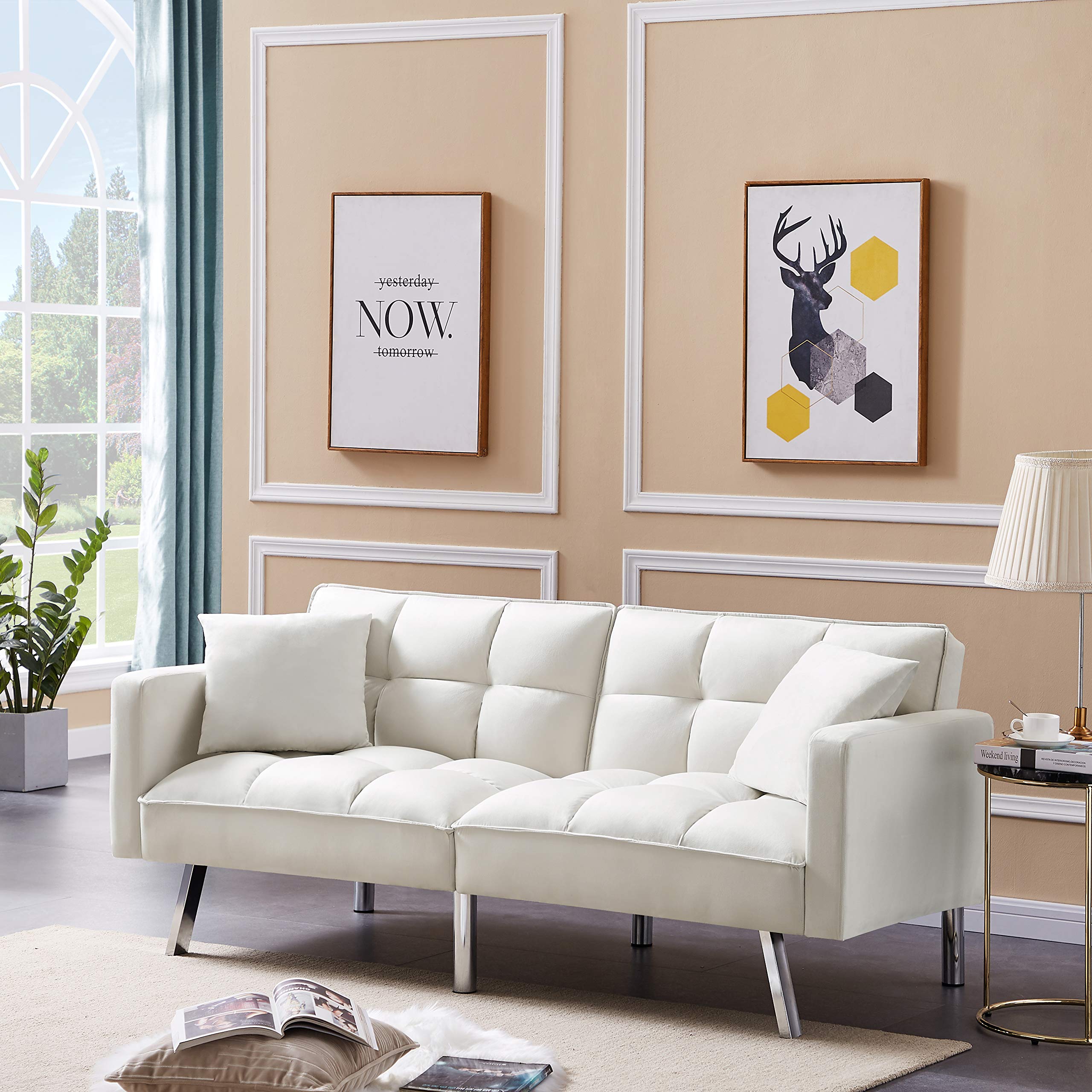Velvet Convertible Futon Sofa Bed with 2 Pillows - 3-Position Adjustable Backrest, Modern Loveseat with Sturdy Metal Legs for Living Room, Bedroom & Small Spaces - Beige - Perfect for Guest Sleeping, Relaxing & Space-Saving Solutions
