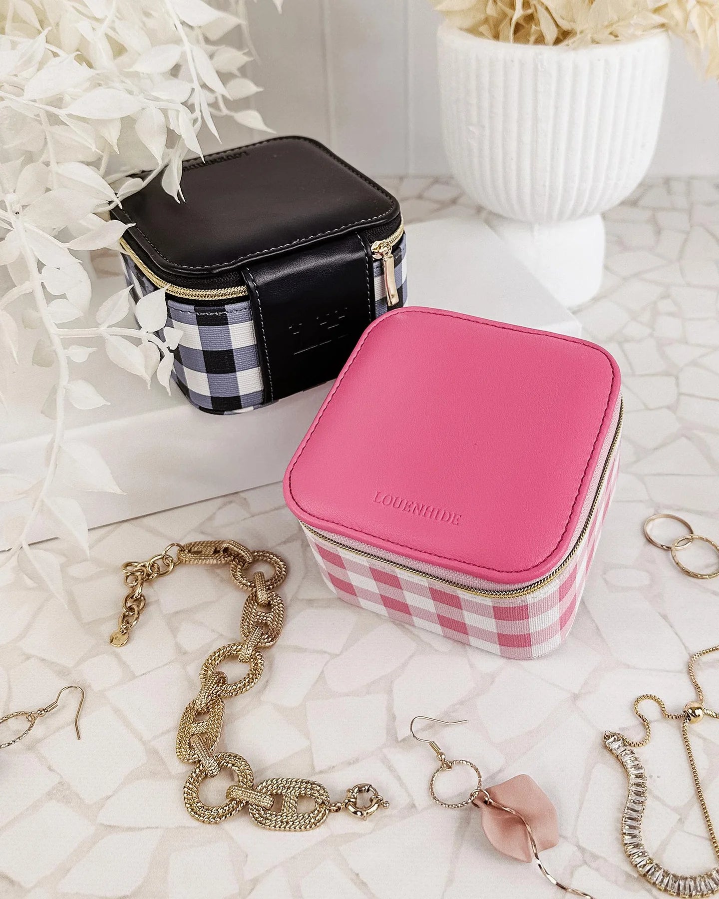 Louenhide Pink Gingham Beau Jewelry Box - Elegant Storage for Necklaces, Rings & Earrings - Perfect for Bedroom Vanity, Gift Giving & Travel